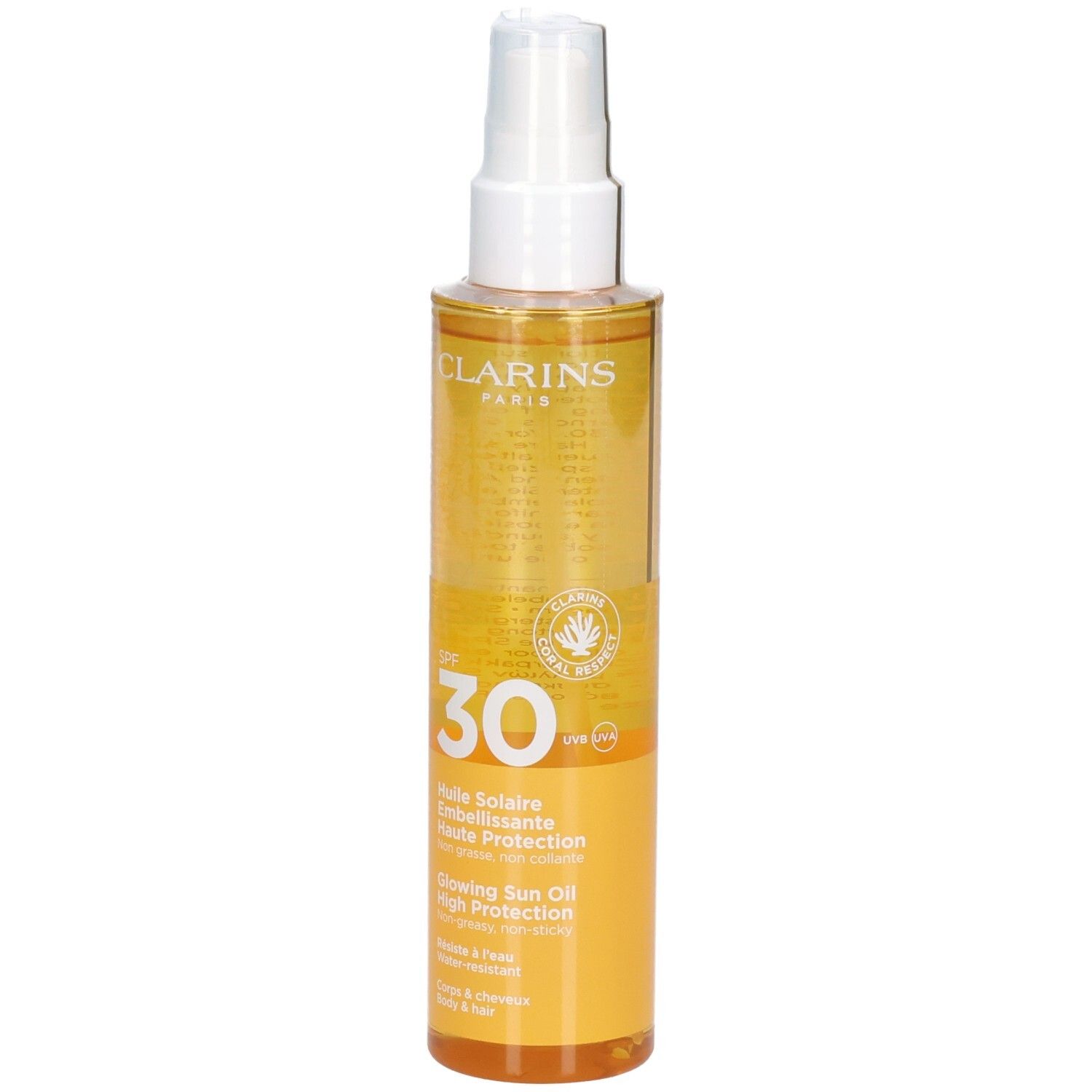 Clarins zonneolie SPF 30, voorkant. Doorzichtige fles met spray, gele olie.