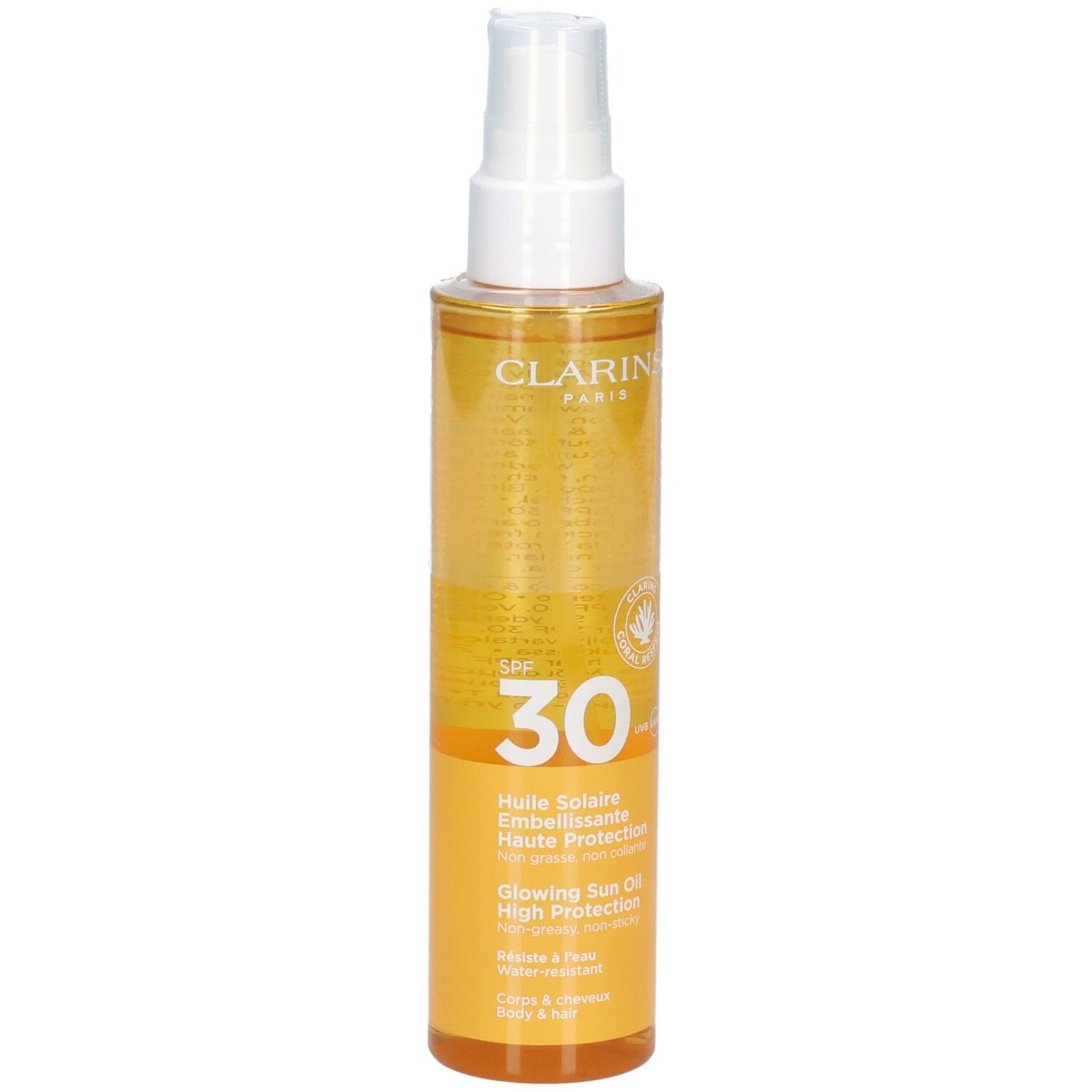 Clarins zonneolie SPF 30, voorkant. Doorzichtige fles met spray, gele olie.