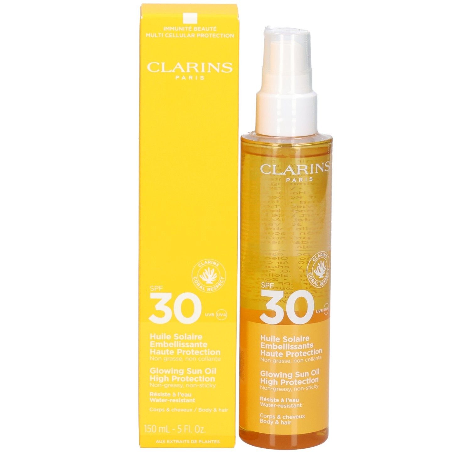 Clarins zonneolie SPF 30 en verpakking. Gele kartonnen doos en doorzichtige fles met spray.