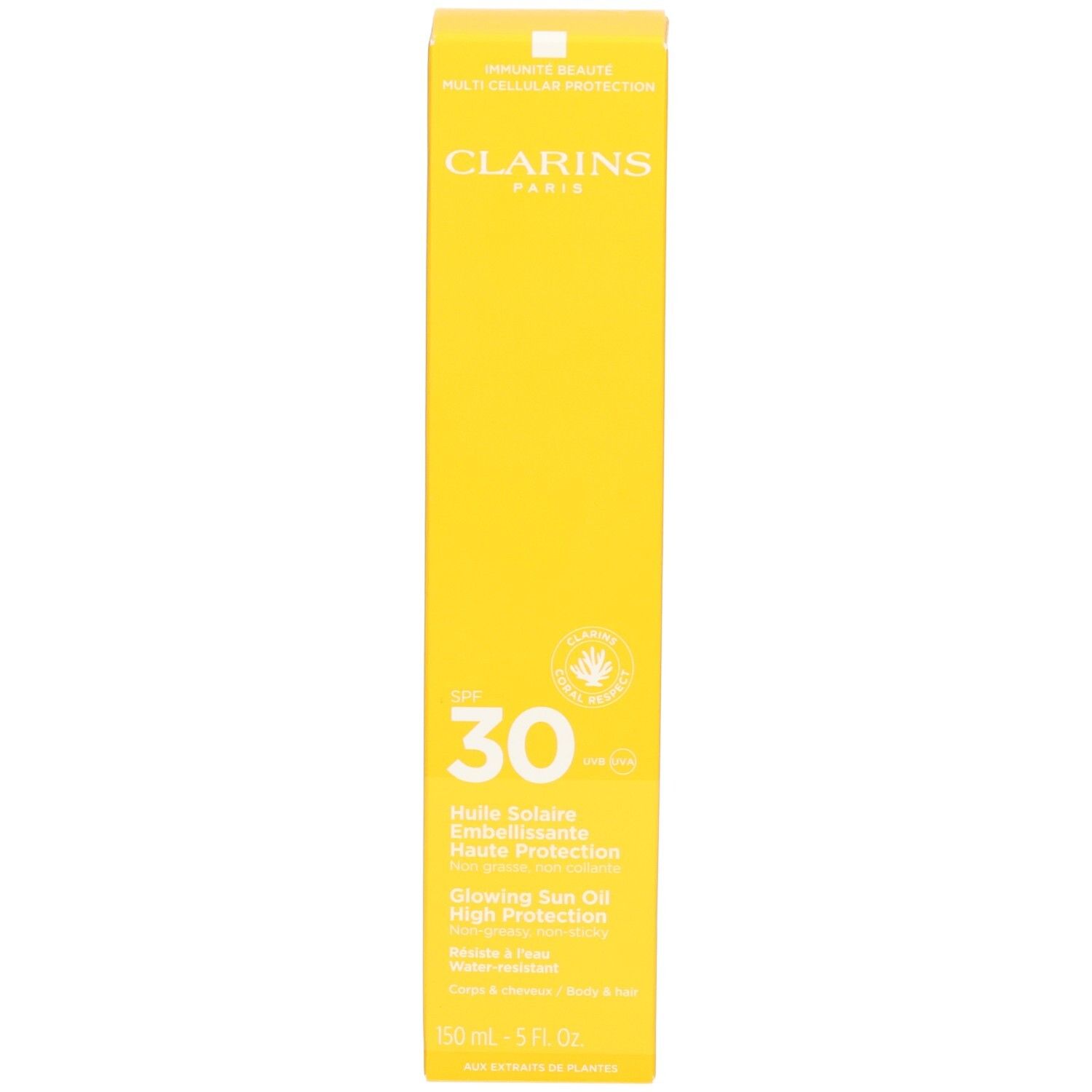 Verpakking Clarins zonneolie SPF 30. Gele kartonnen doos met productinformatie en SPF 30.