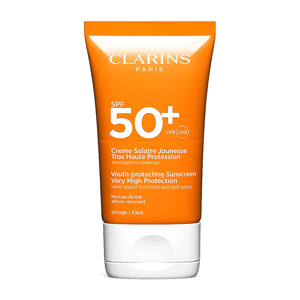 Clarins zonnecrème SPF 50+ gezicht. Oranje tube, witte dop, koraal logo.