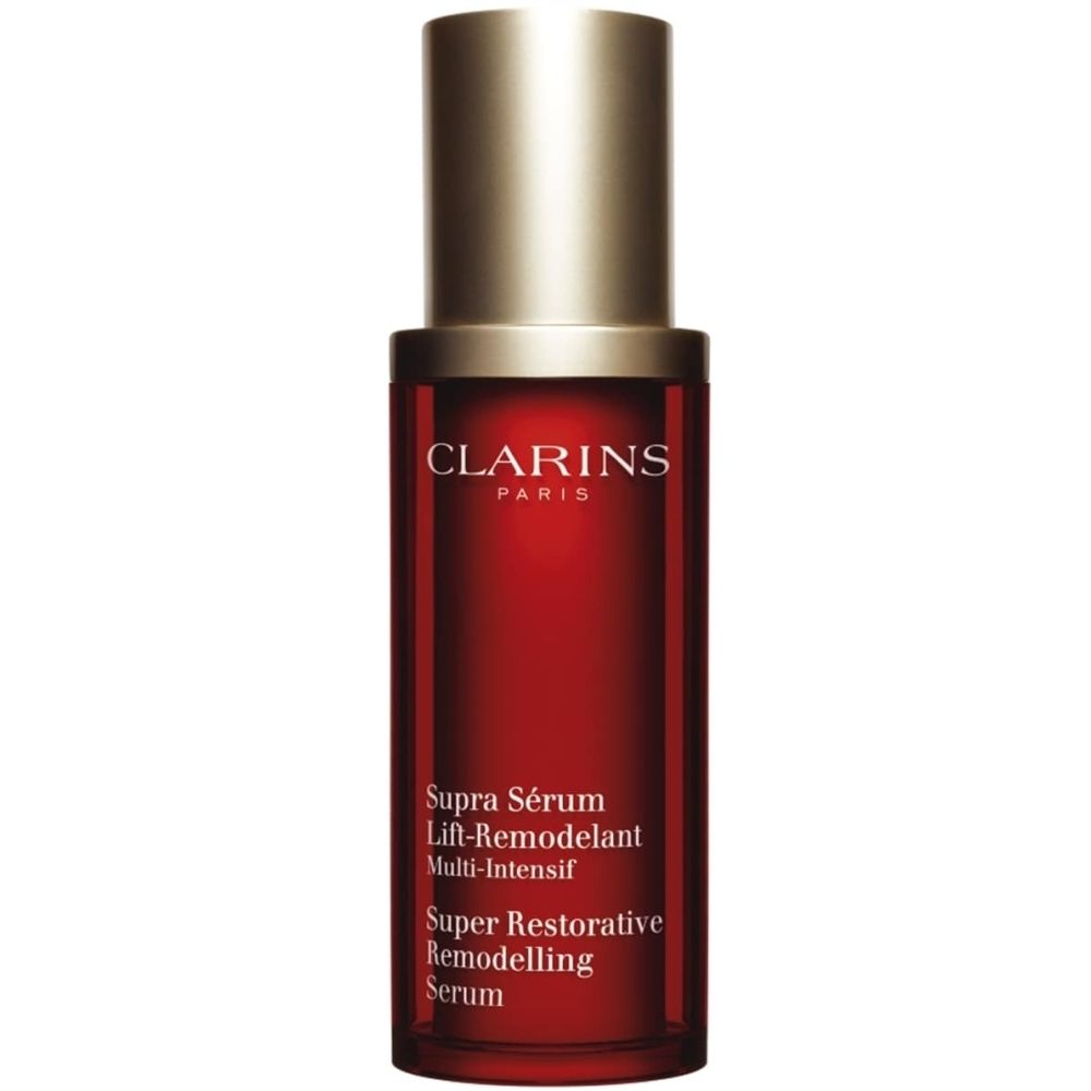 Clarins Supra Sérum Lift-Remodelant flesje in rood met gouden pompdispenser.