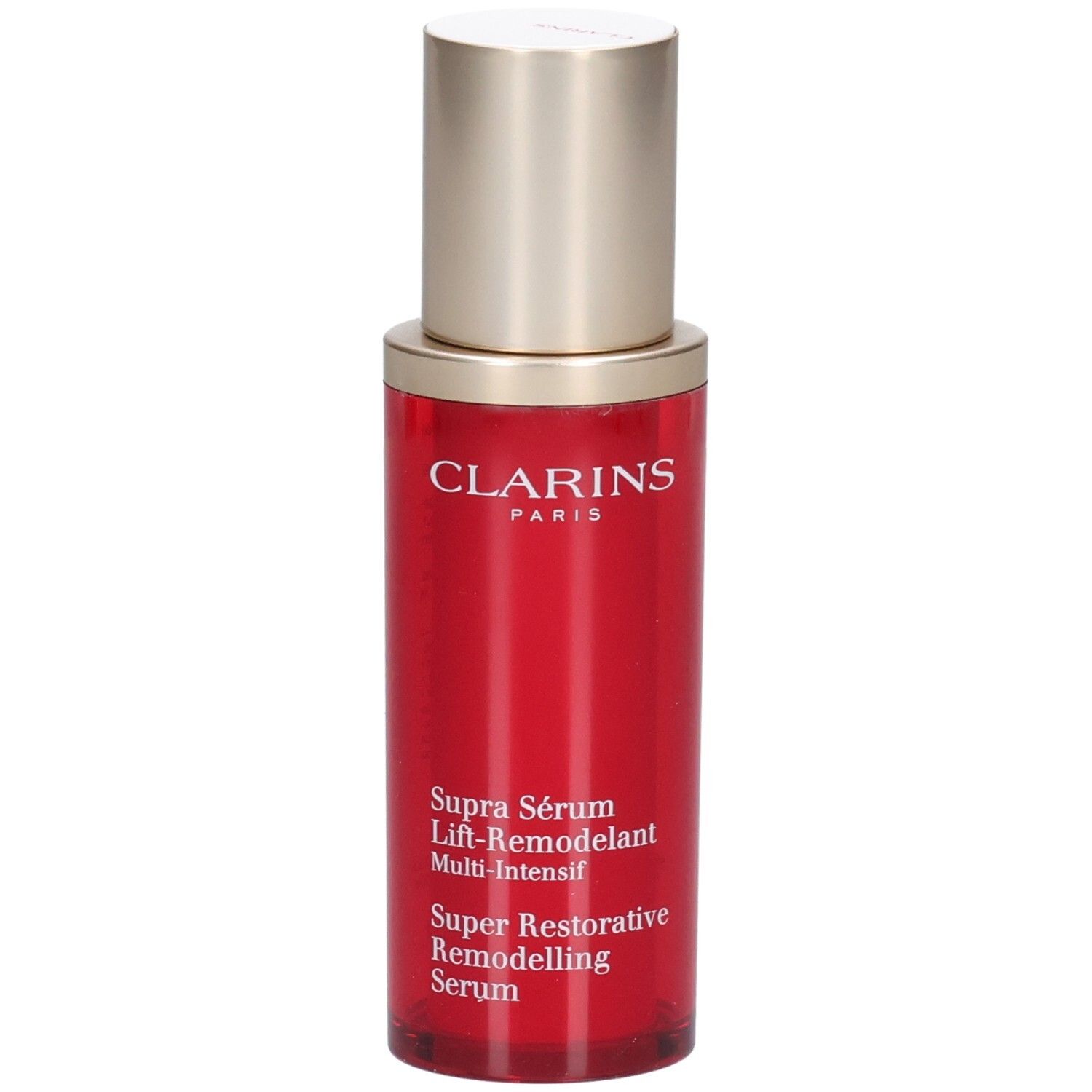 Clarins Supra Sérum Lift-Remodelant flesje in rood met gouden pompdispenser.