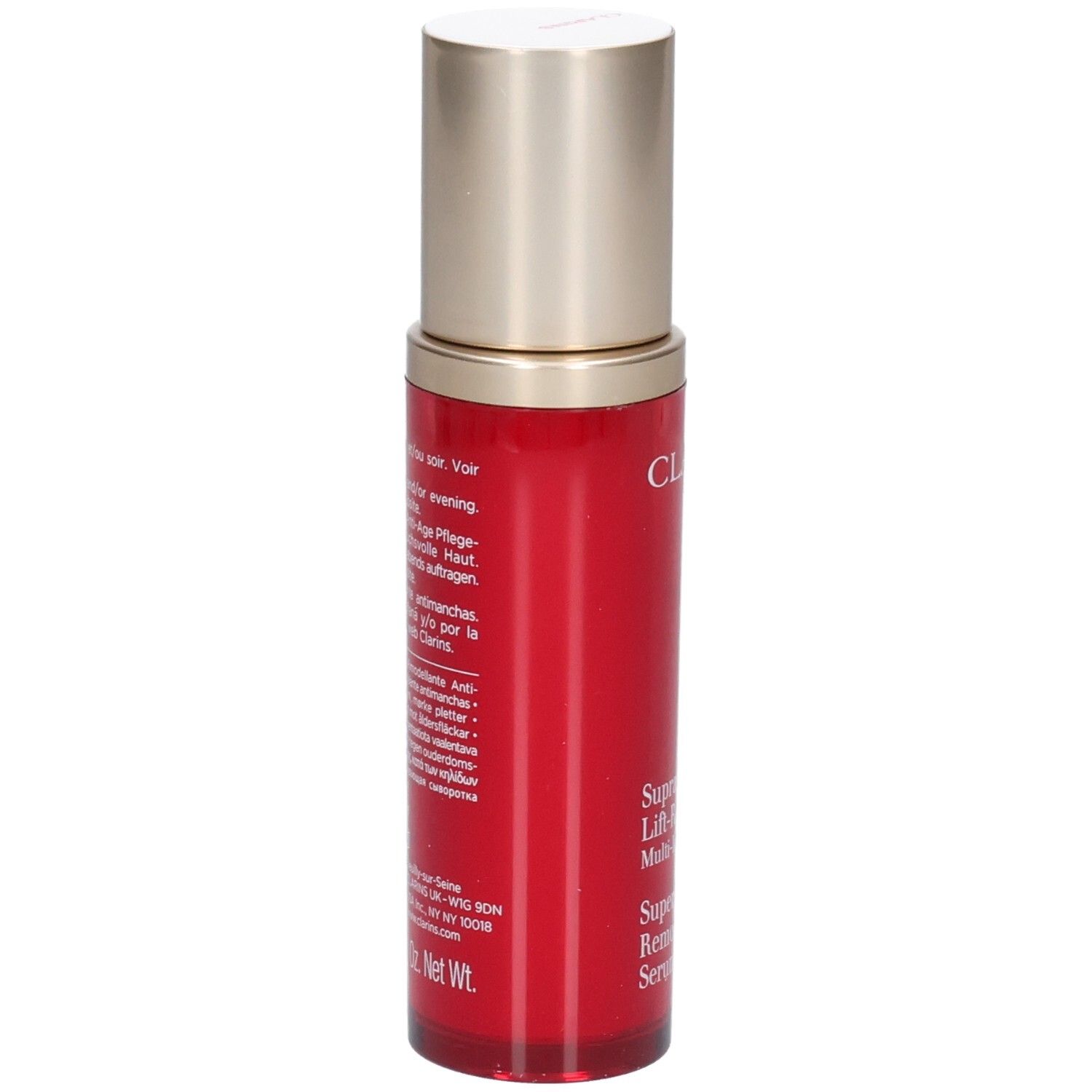 Achterkant van het Clarins Supra Sérum Lift-Remodelant flesje met tekst.