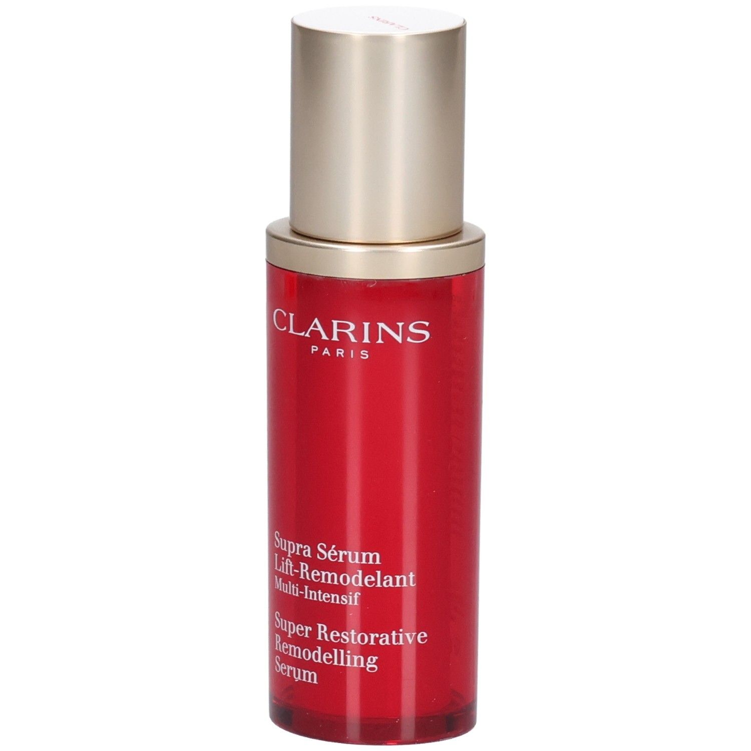 Clarins Supra Sérum Lift-Remodelant flesje in rood met gouden pompdispenser.