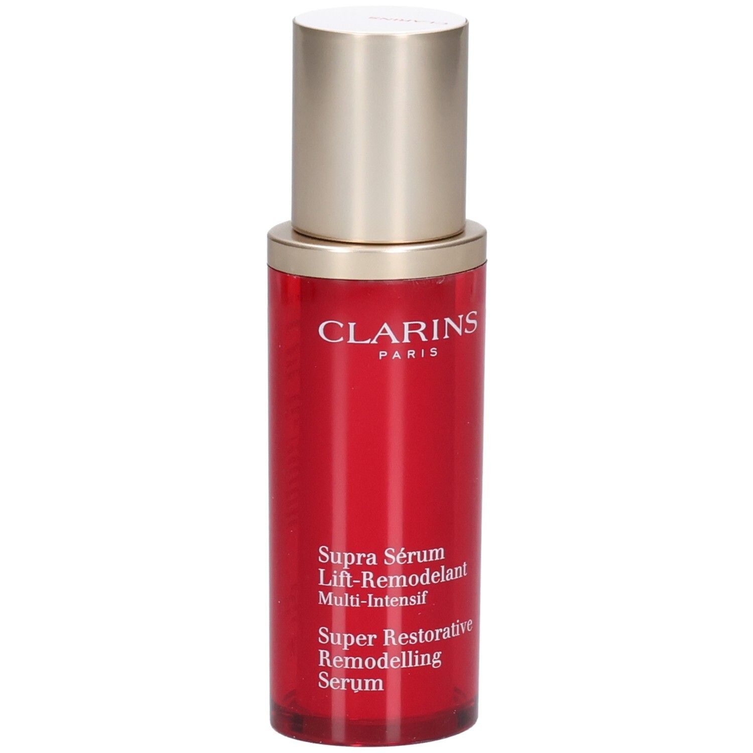 Clarins Supra Sérum Lift-Remodelant flesje in rood met gouden pompdispenser.