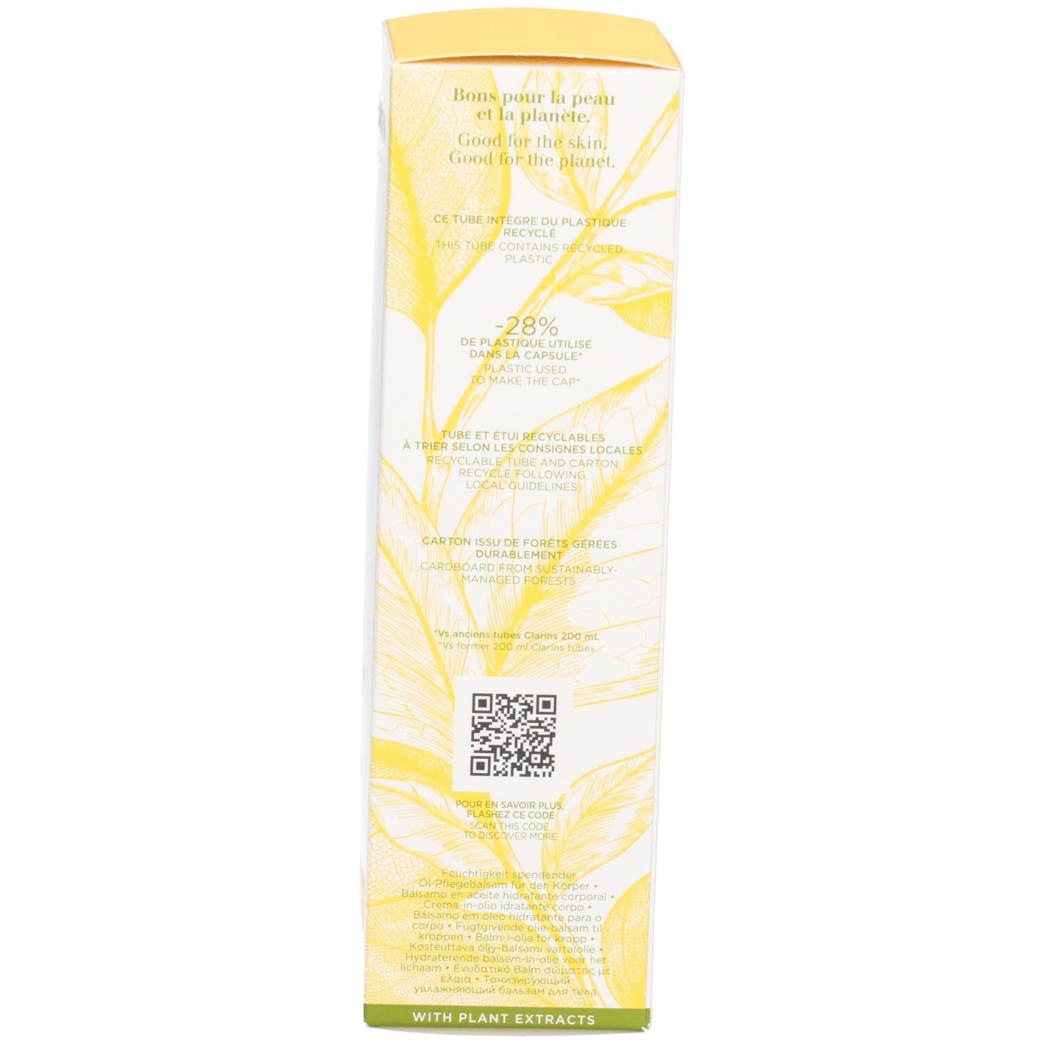 Côté de l'emballage Clarins Baume-Huile Hydratant "Tonic" avec QR code et texte.
