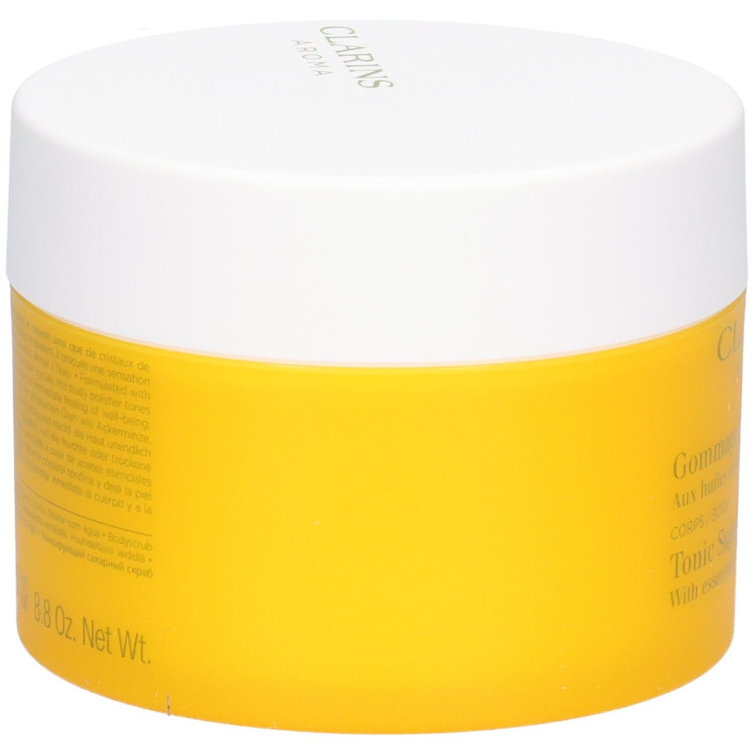 Clarins Gommage au Sucre Tonic, vue latérale du pot jaune avec couvercle blanc.