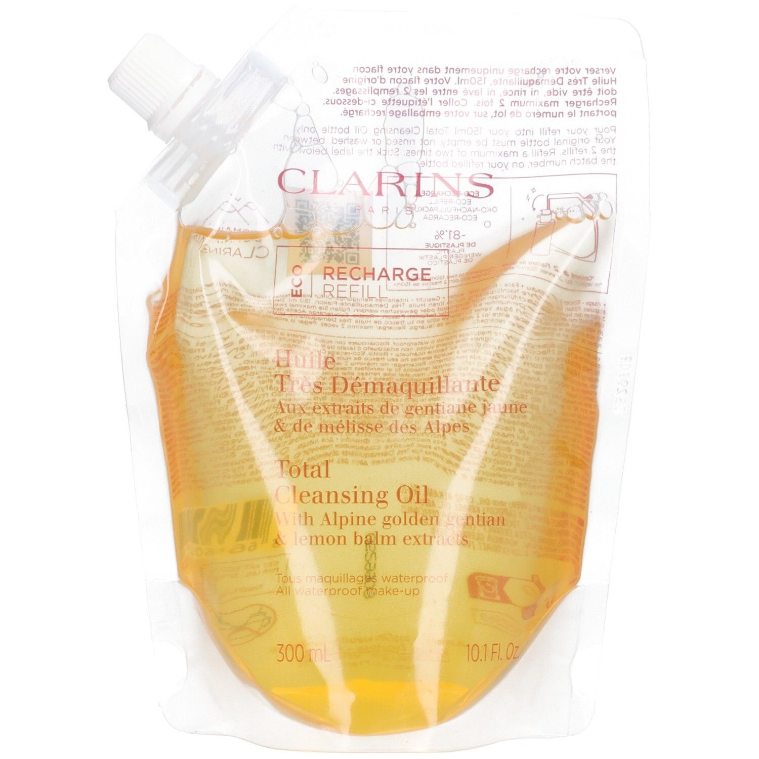Clarins navulverpakking voor reinigingsolie. Transparante zak met gele olie en witte dop.
