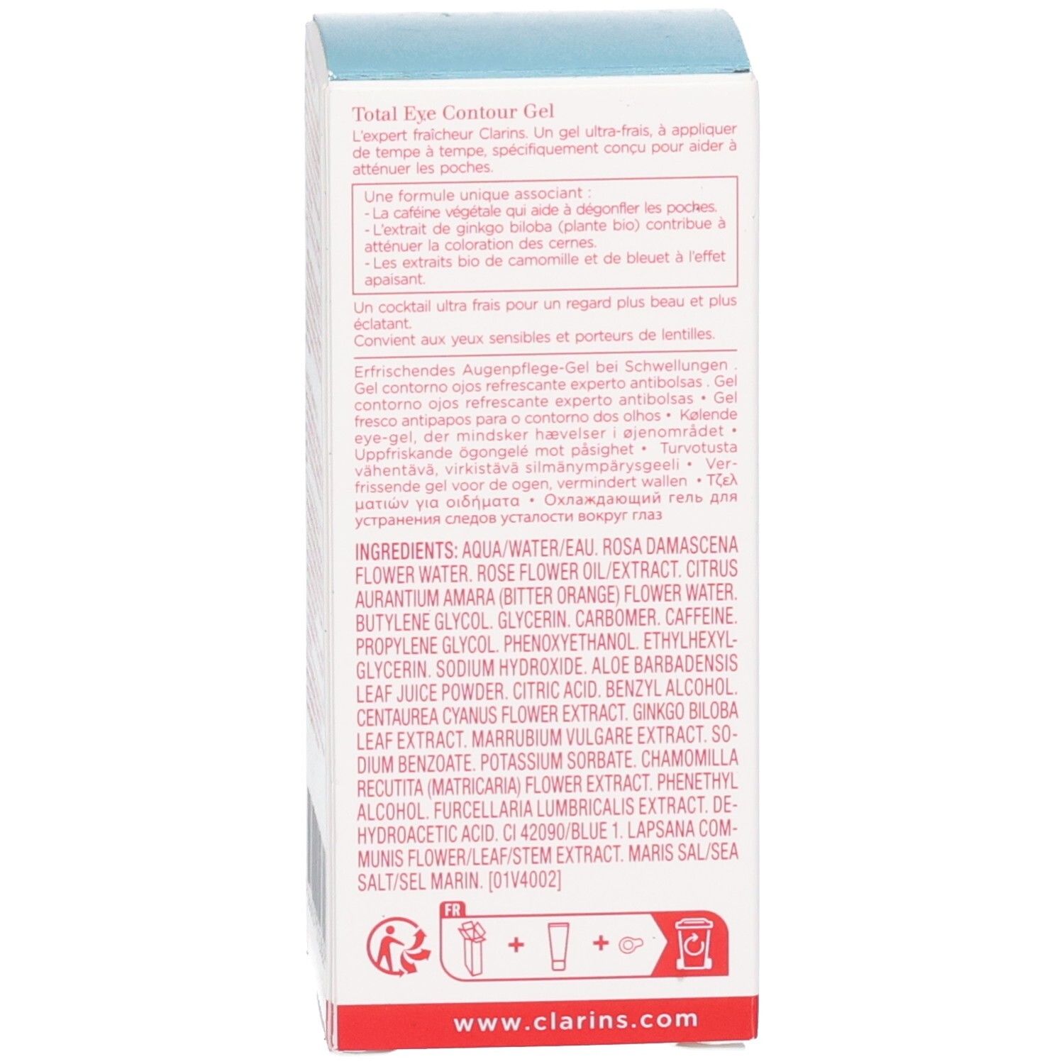 Emballage Gel Contour des Yeux Total Clarins côté ingrédients