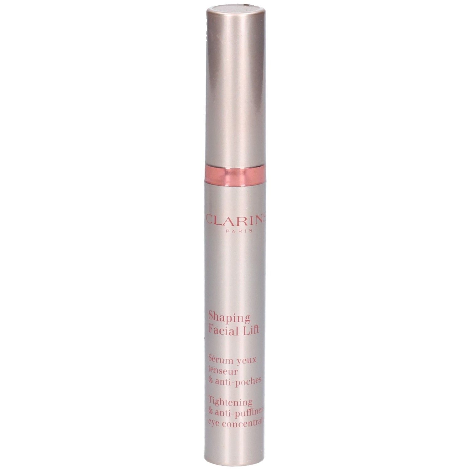 Sérum Clarins V Shaping Facial Lift dans un tube argenté avec des accents roses.