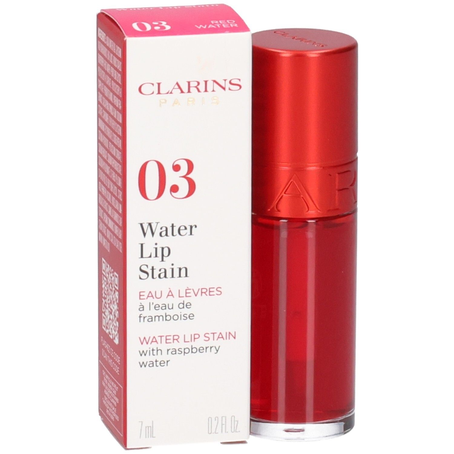 Clarins Eau à Lèvres 03, lippenstift met applicator en verpakking.