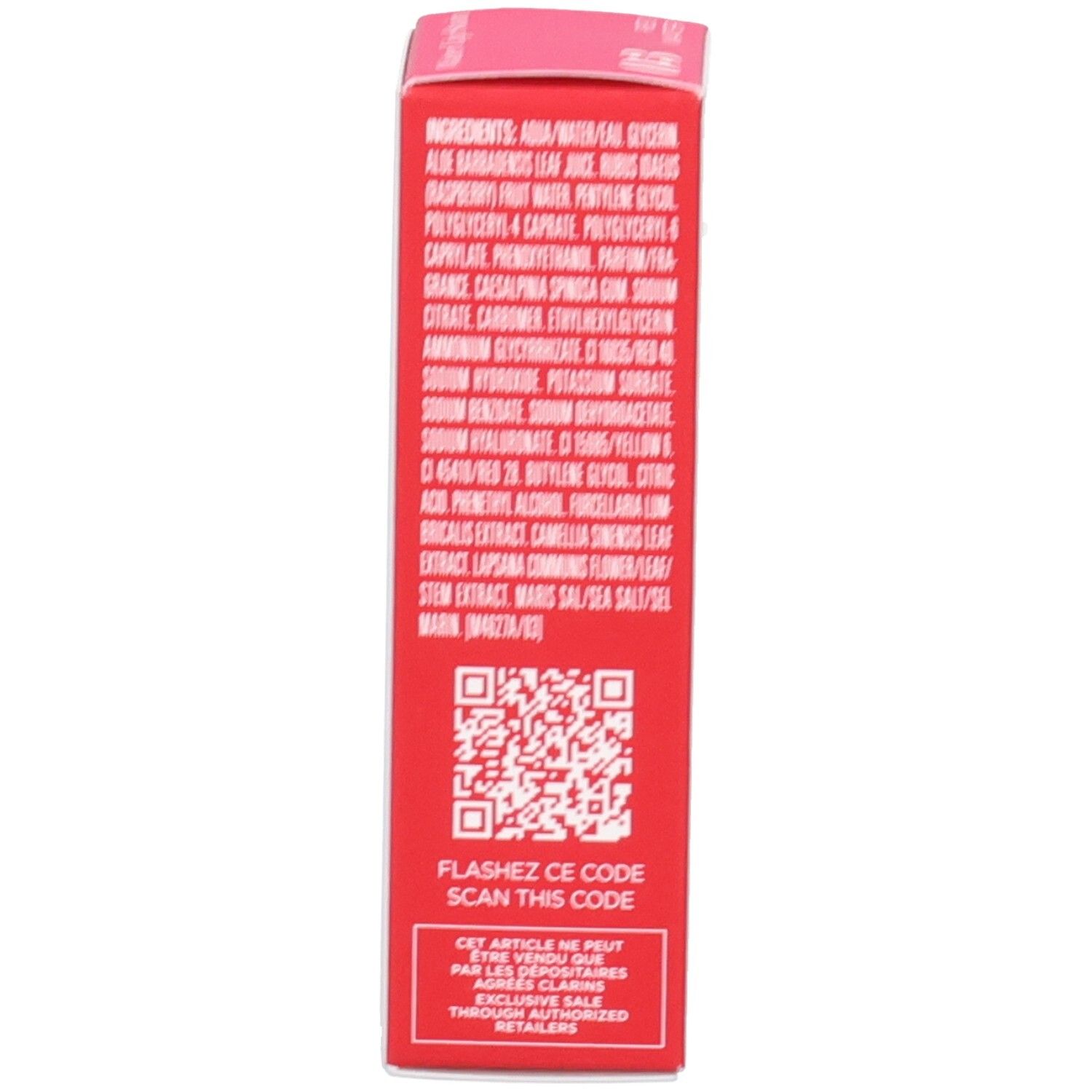 Clarins Eau à Lèvres 03 verpakking, achterkant met ingrediënten en QR-code.