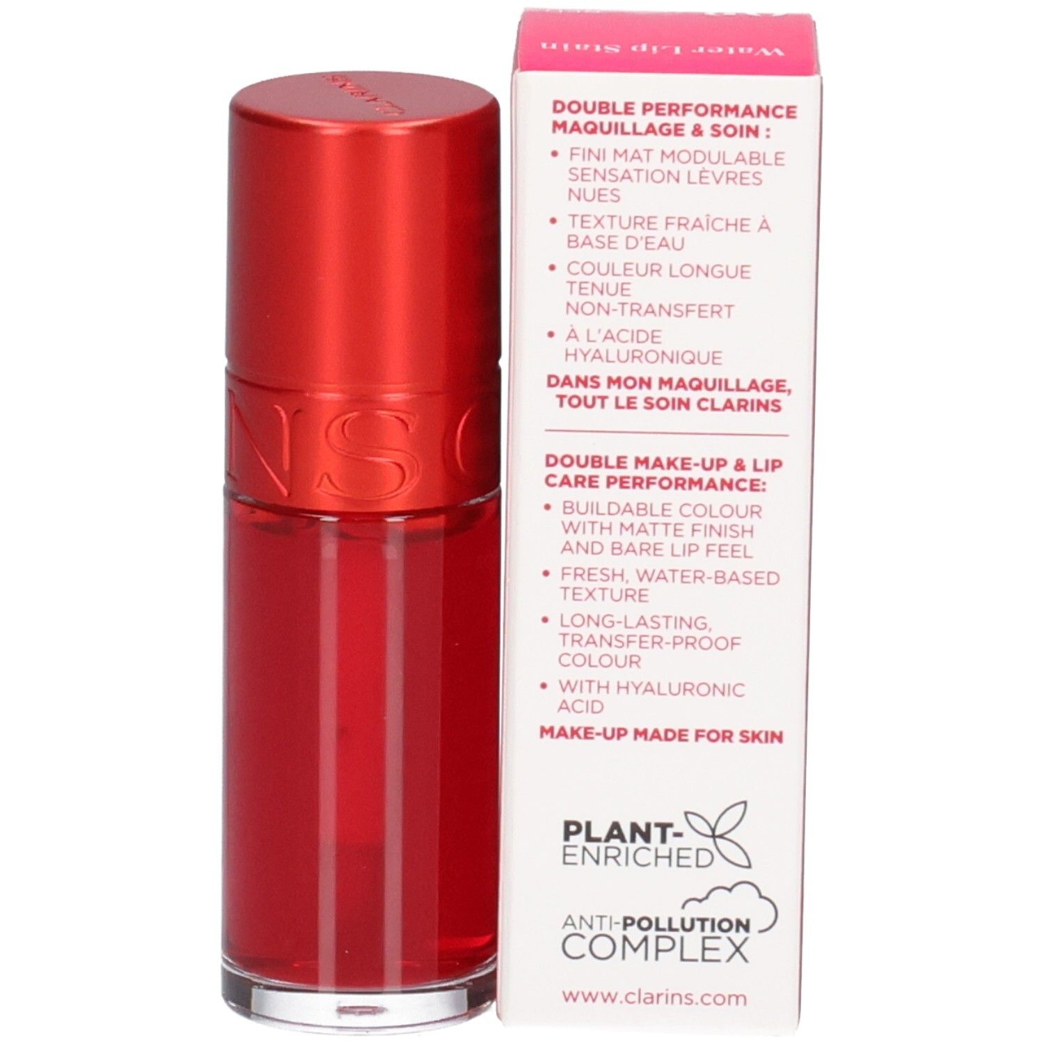 Clarins Eau à Lèvres 03, lippenstift met verpakking. Tekst in het Nederlands en Engels.