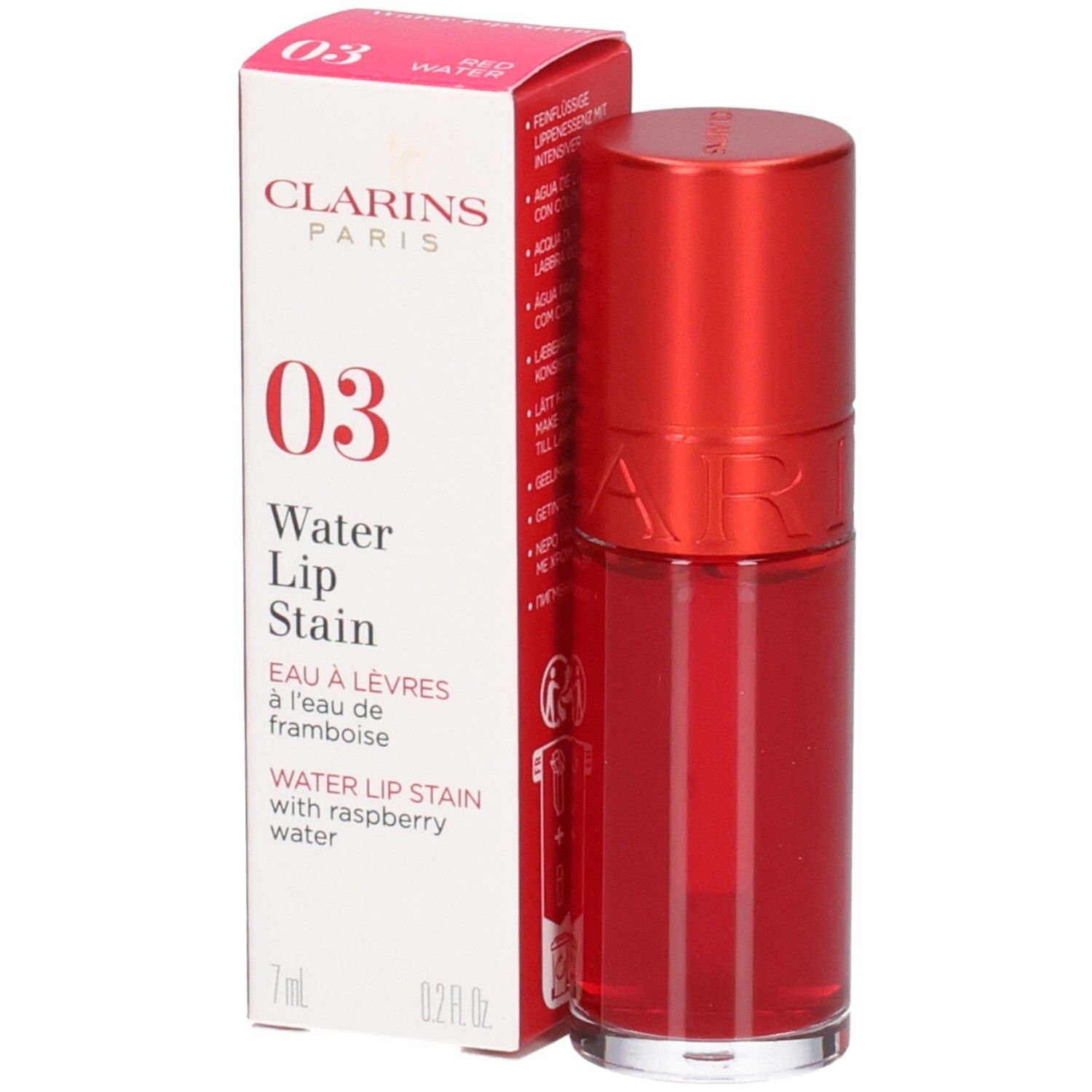 Clarins Eau à Lèvres 03, lippenstift met applicator en verpakking.