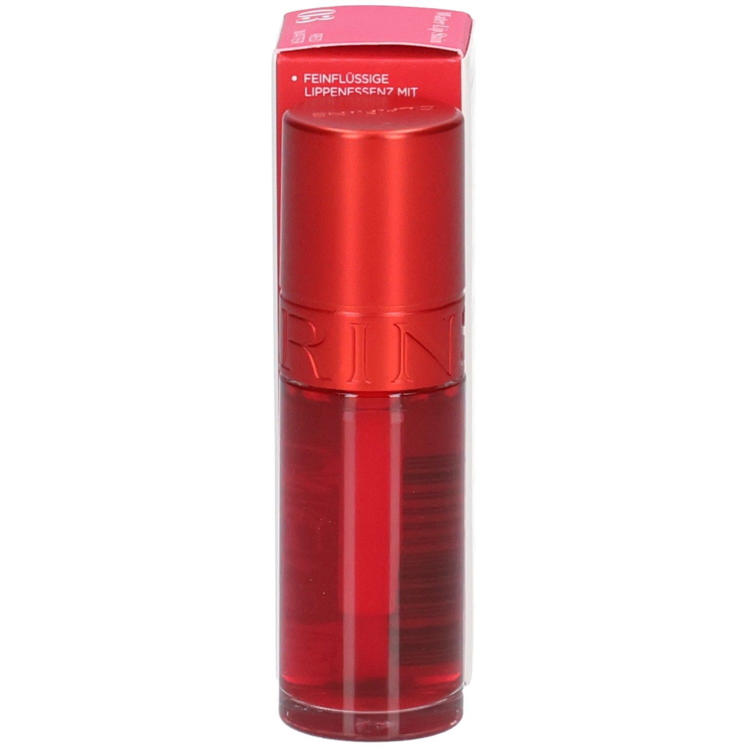 Clarins Eau à Lèvres 03, lippenstift met rode dop en doorzichtige houder.