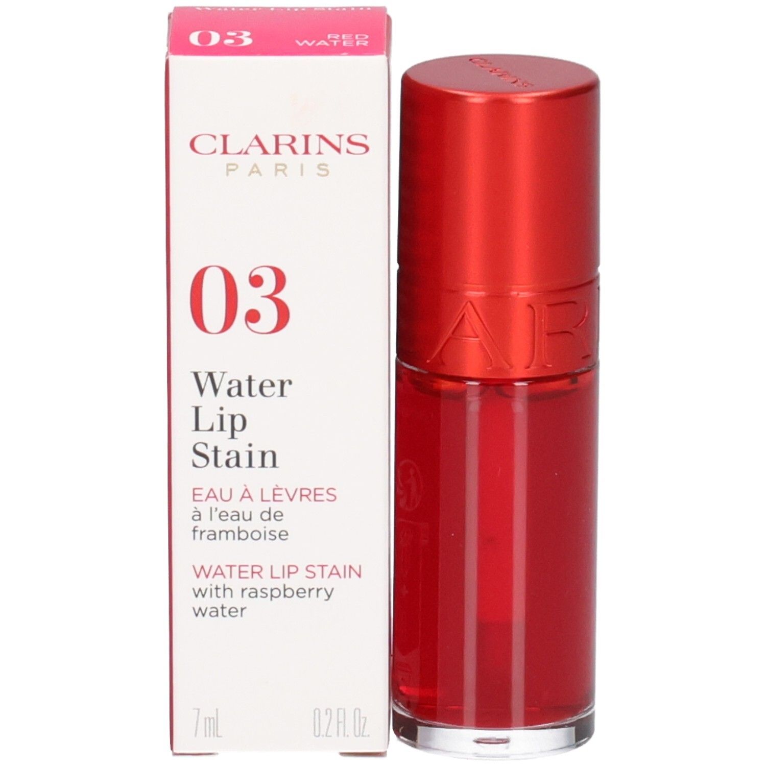 Clarins Eau à Lèvres 03, lippenstift met applicator en verpakking.