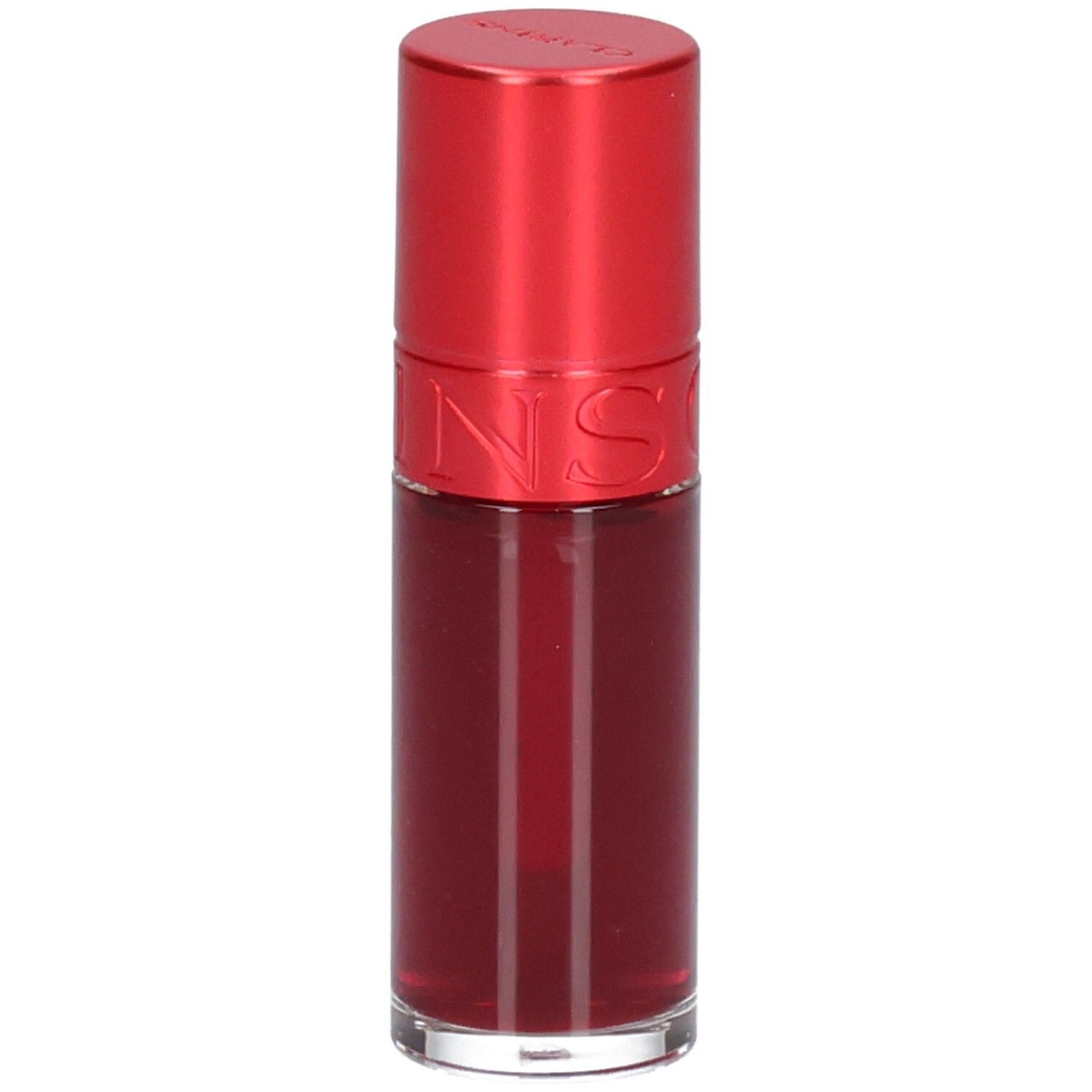 Clarins Eau à Lèvres 09 : Flacon de rouge à lèvres rouge avec capuchon rouge.
