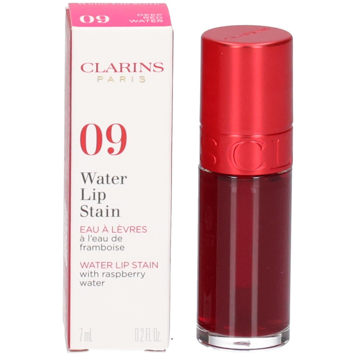 Clarins Eau à Lèvres 09 : Flacon de rouge à lèvres rouge avec capuchon rouge.