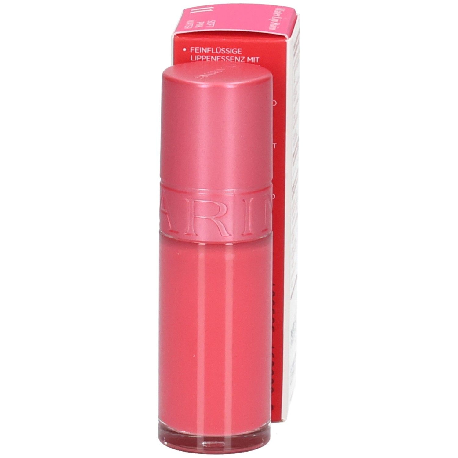 Clarins Eau à Lèvres 11, rouge à lèvres rose, côté de l'emballage avec caractéristiques du produit.