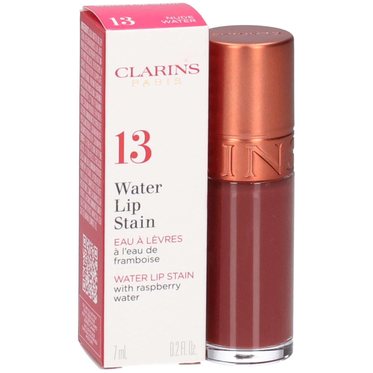 Clarins Eau à Lèvres 13, Teinte Eau de Framboise, avec de l'eau de framboise.