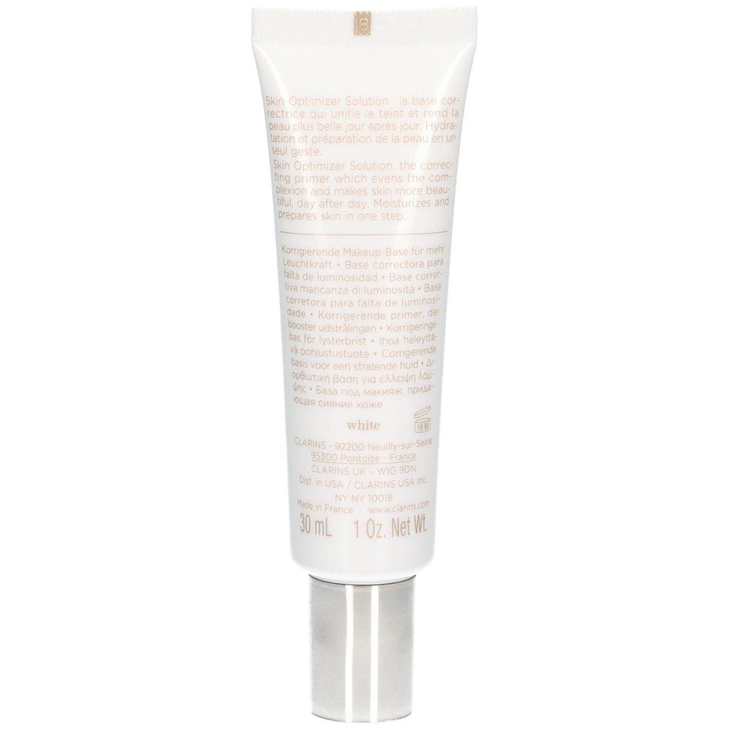 Arrière du tube Clarins SOS Primer avec informations produit et liste des ingrédients.