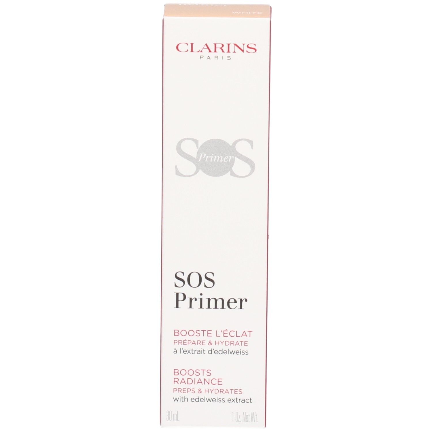 Boîte Clarins SOS Primer. Affiche la marque, le nom du produit et la description de l'application.