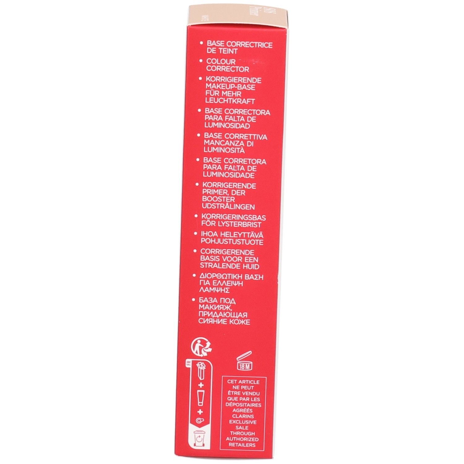 Côté de la boîte Clarins SOS Primer avec les avantages du produit en plusieurs langues.