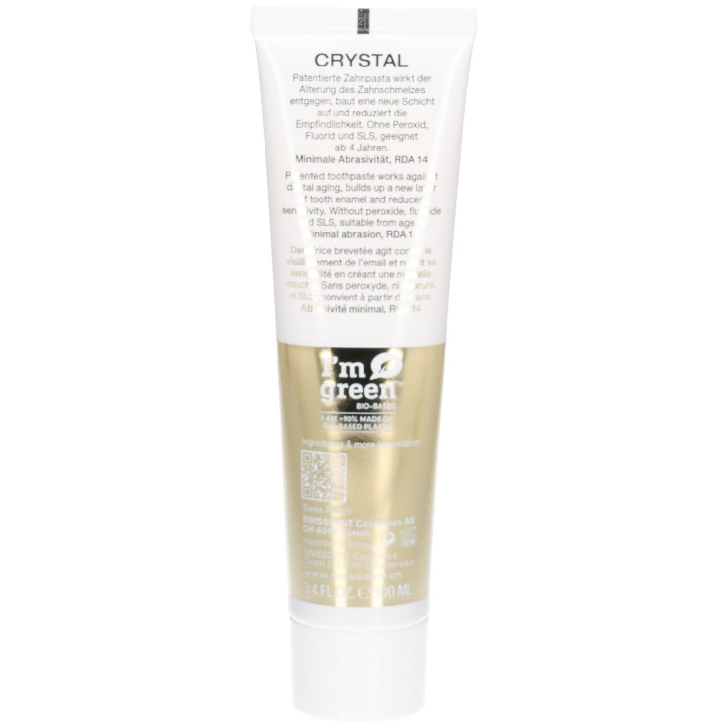 Dos du tube de dentifrice. Texte : Crystal, ingrédients, RDA 14, logo I'm green. Fabriqué en Suisse. 50 ml.