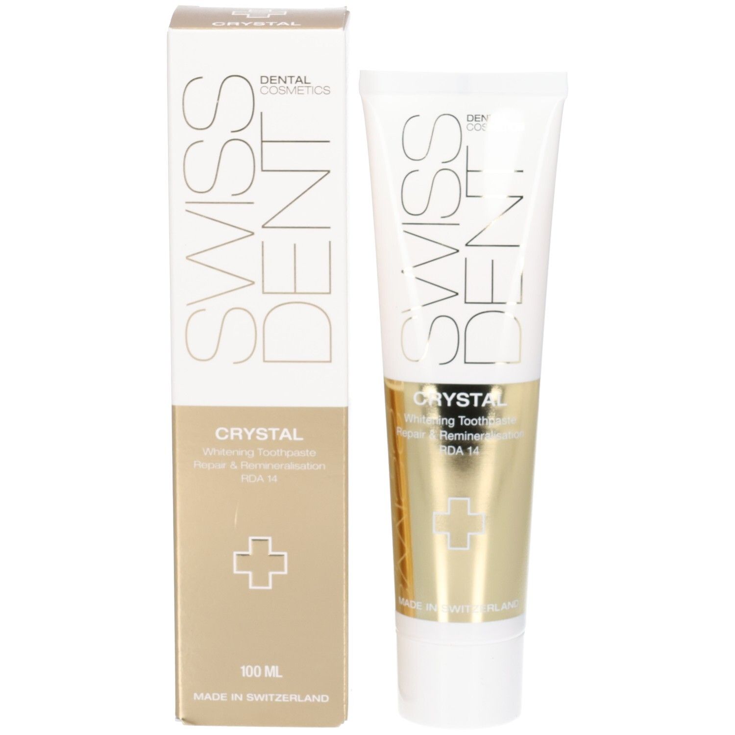 Tube et boîte de dentifrice. Tube : Swissdent, Crystal. Boîte : Swissdent, Crystal, 100 ml. Croix suisse. Fabriqué en Suisse.