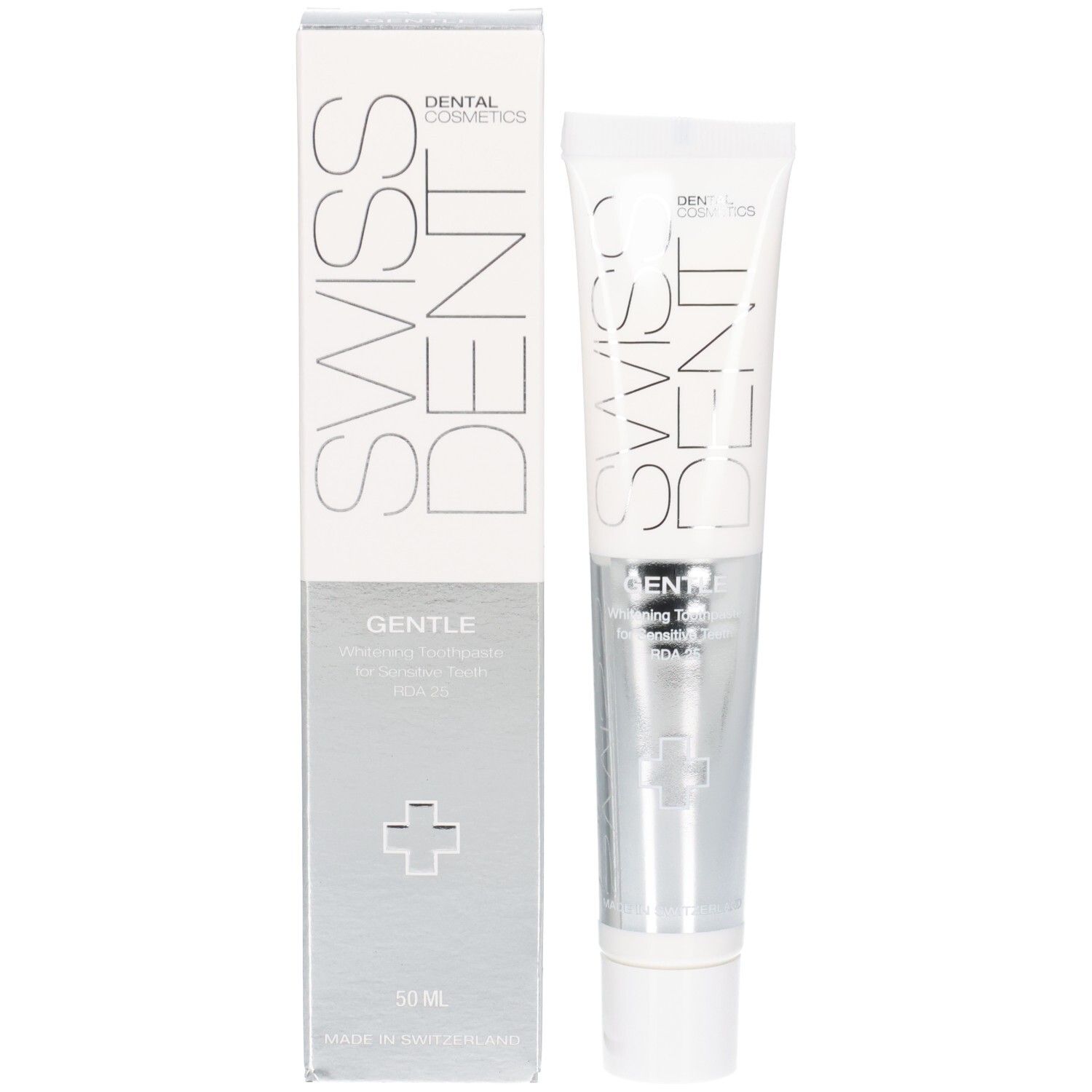 Dentifrice et emballage. Inscription: SWISSDENT, GENTLE. Design argenté. Symbole de croix. 50 ml.