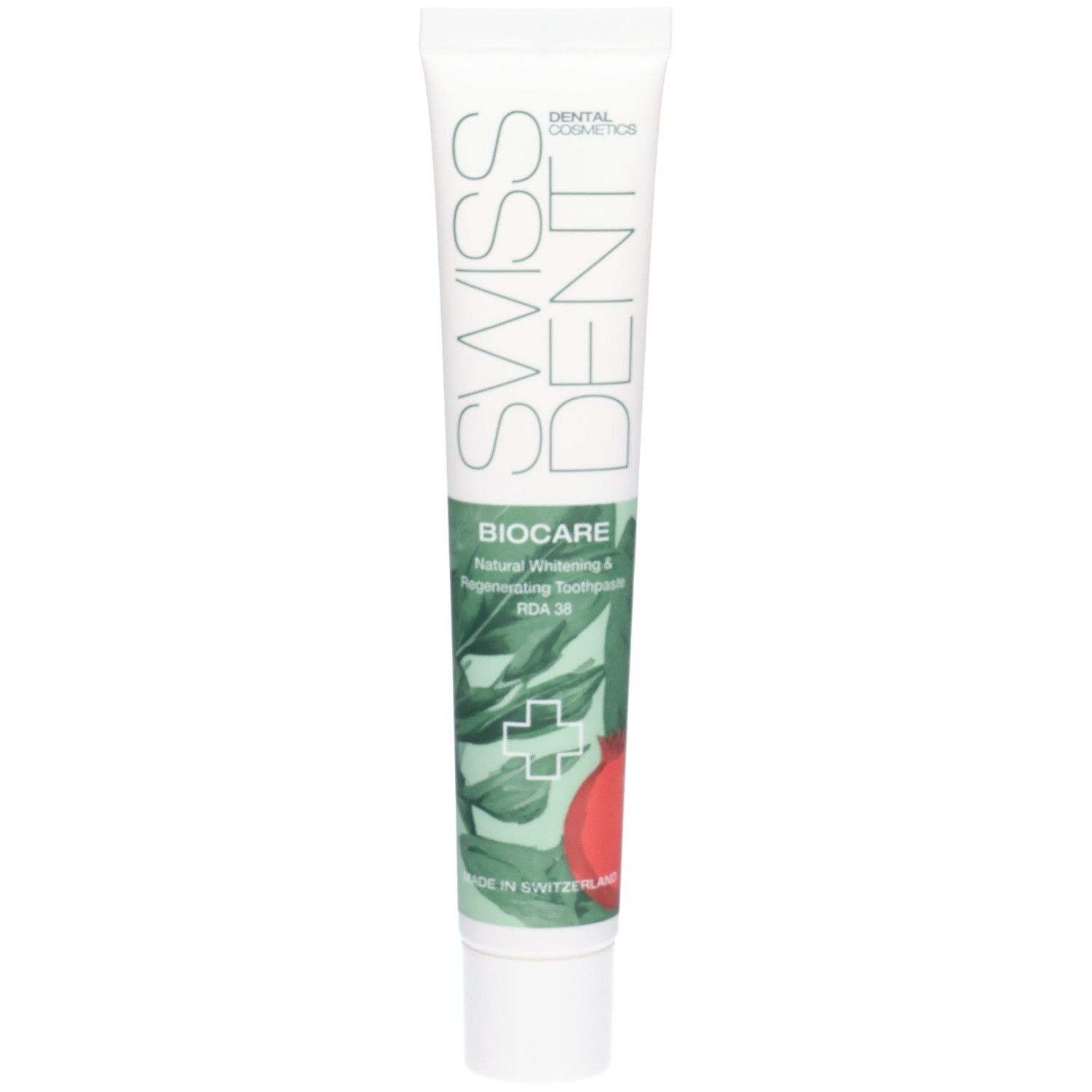 Tandpastatube SWISSDENT BIOCARE. Groen-witte kleuren. Illustratie van granaatappel. Verticale verpakking.