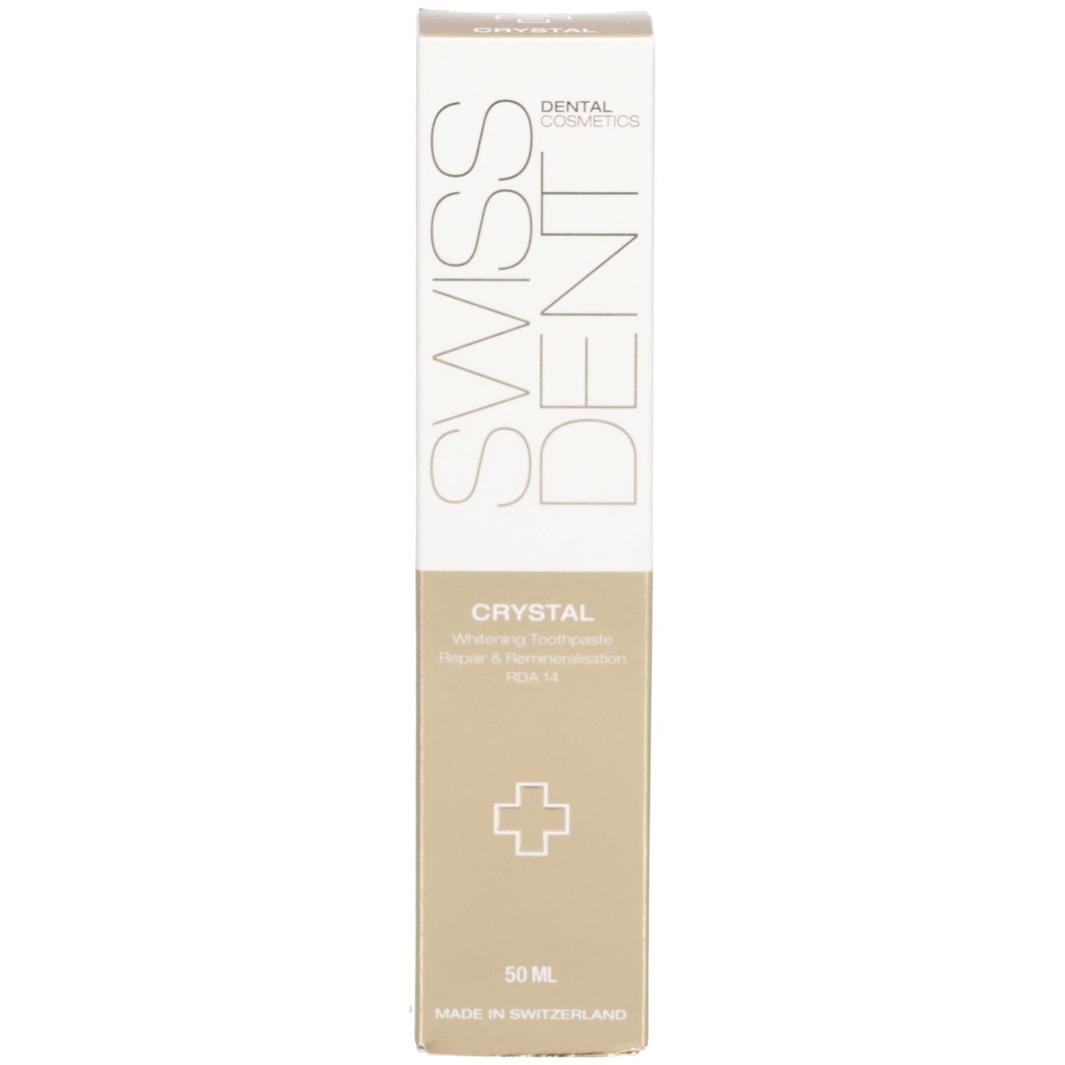 Tandpastadoos. Opschrift SWISSDENT CRYSTAL. Goudkleurig gedeelte met wit kruis. 50 ml. Verticale oriëntatie.