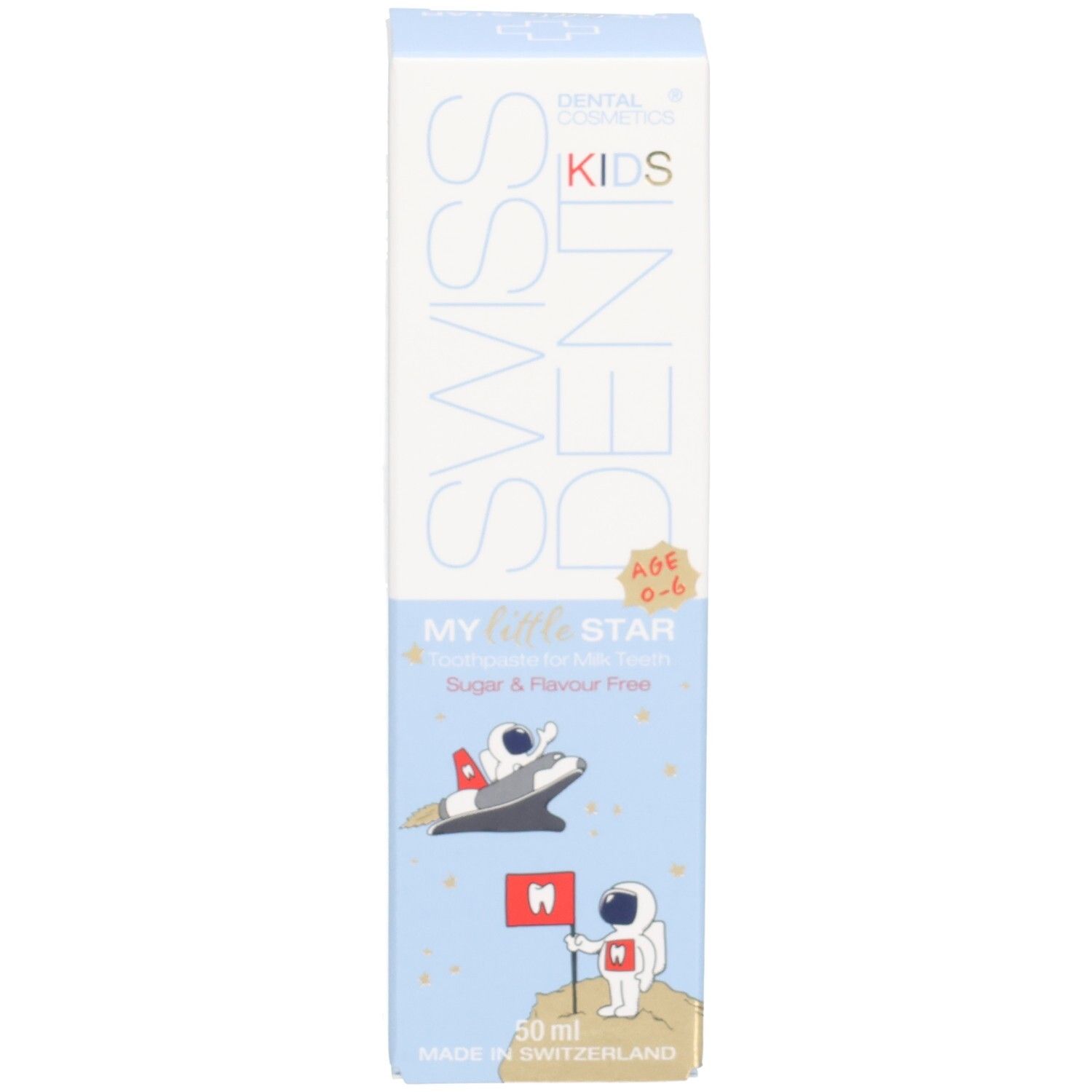 Boîte de dentifrice. Inscription SWISSDENT KIDS, MY little STAR. Illustrations d'astronautes. Couleurs bleu et blanc.