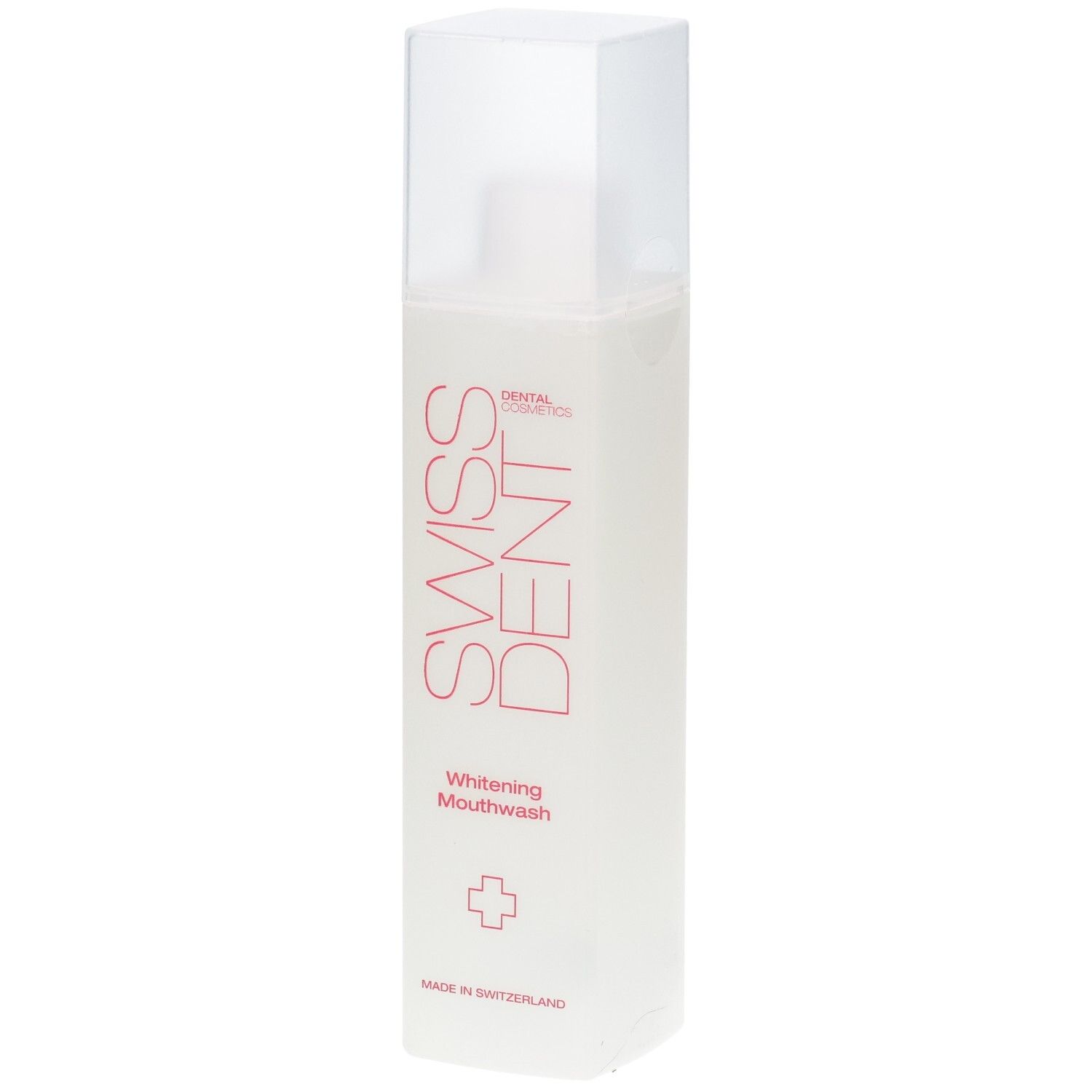 Bain de bouche rectangulaire avec bouchon. Marque SWISSDENT, logo et texte. Fabriqué en Suisse. Blanchissant.