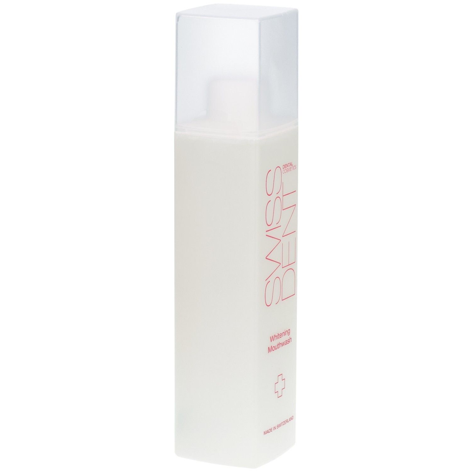 Bain de bouche rectangulaire. Marque SWISSDENT, logo et texte. Produit blanc avec bouchon. Fabriqué en Suisse.