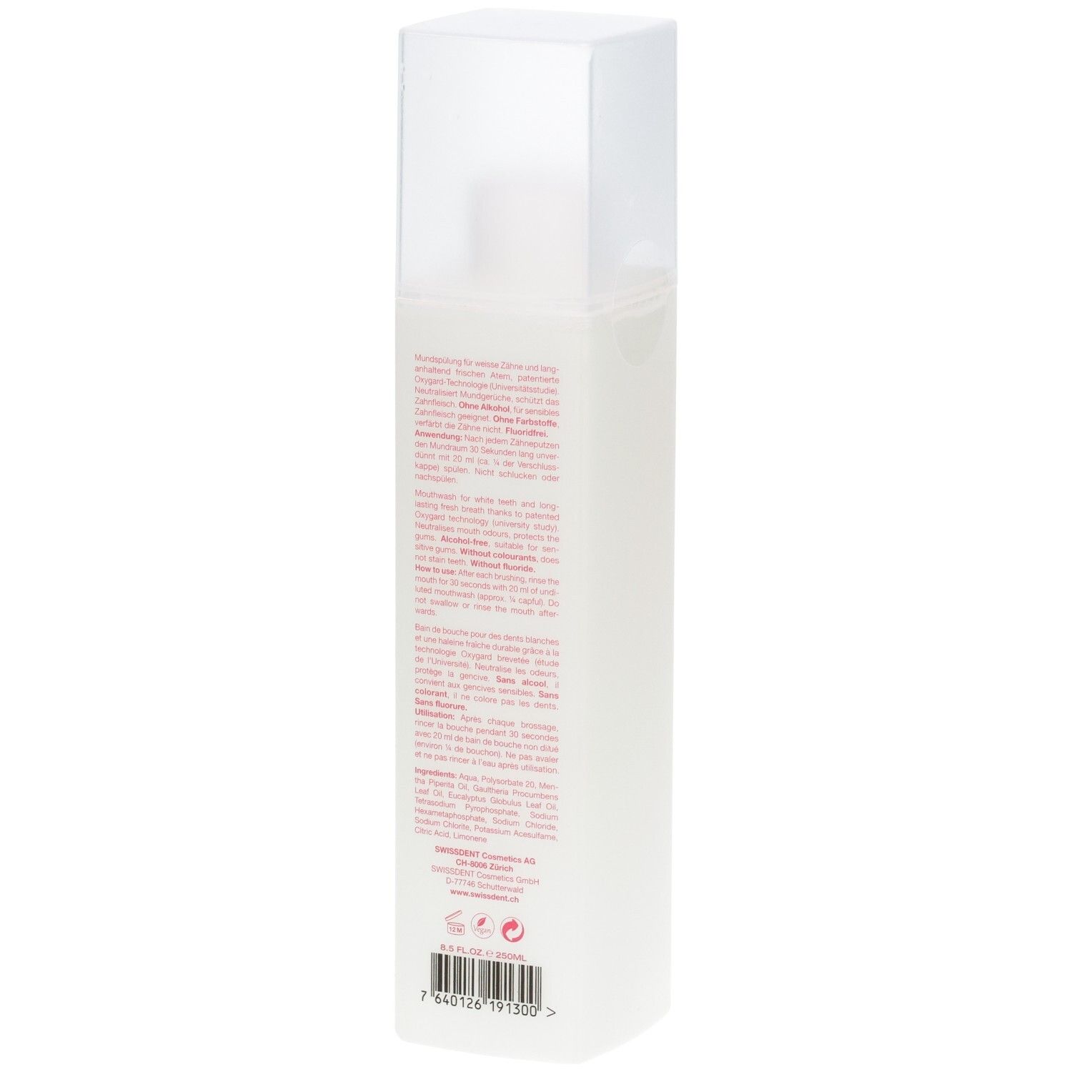 Dos d'une bouteille de bain de bouche. Texte en rouge. Ingrédients et informations du fabricant. Code-barres et logo.