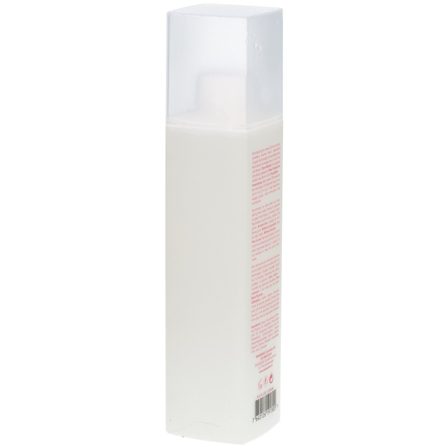 Vue latérale d'une bouteille de bain de bouche. Texte en rouge. Informations du fabricant. Code-barres et logo.