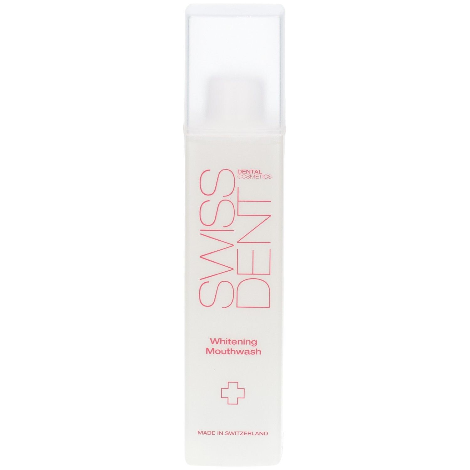 Bain de bouche rectangulaire avec bouchon. Marque SWISSDENT, logo et texte. Fabriqué en Suisse. Blanchissant.