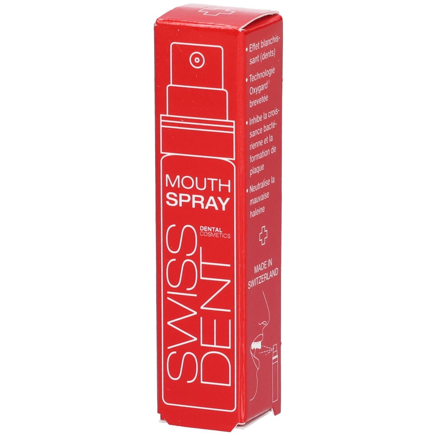Boîte rouge SWISSDENT Mouth Spray. Inscription: Mouth Spray, Swiss Dent. Illustration d'un spray buccal.