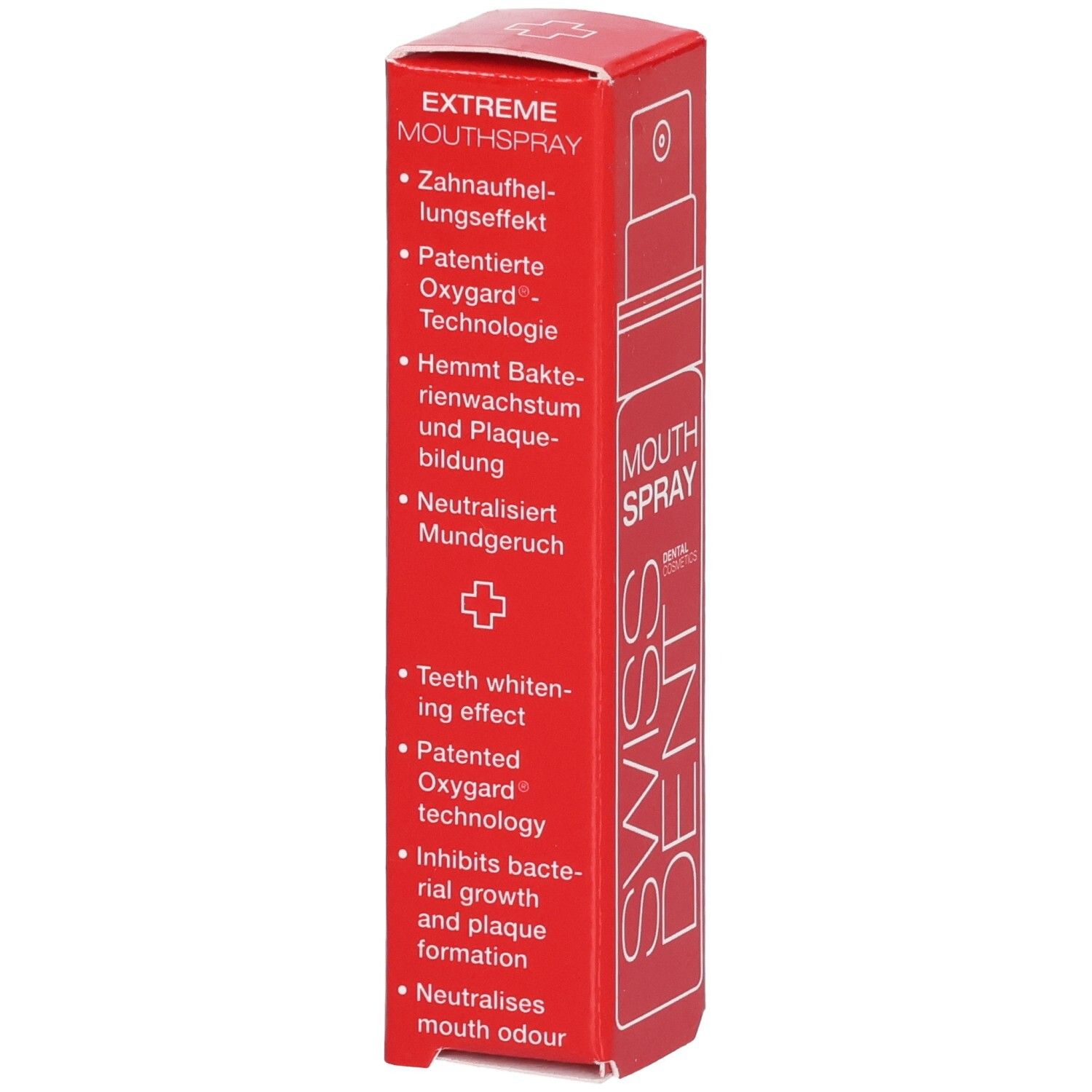 Boîte rouge SWISSDENT EXTREME Mouthspray. Texte: Effet blanchissant, technologie Oxygard. Ingrédients au dos.