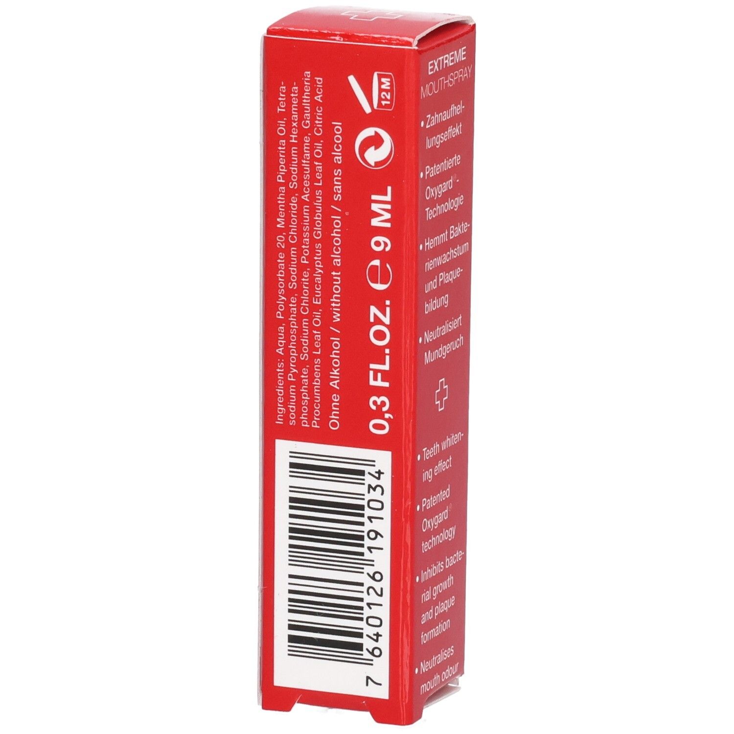 Boîte rouge SWISSDENT EXTREME Mouthspray. Ingrédients au dos, code-barres et volume: 9 ml.