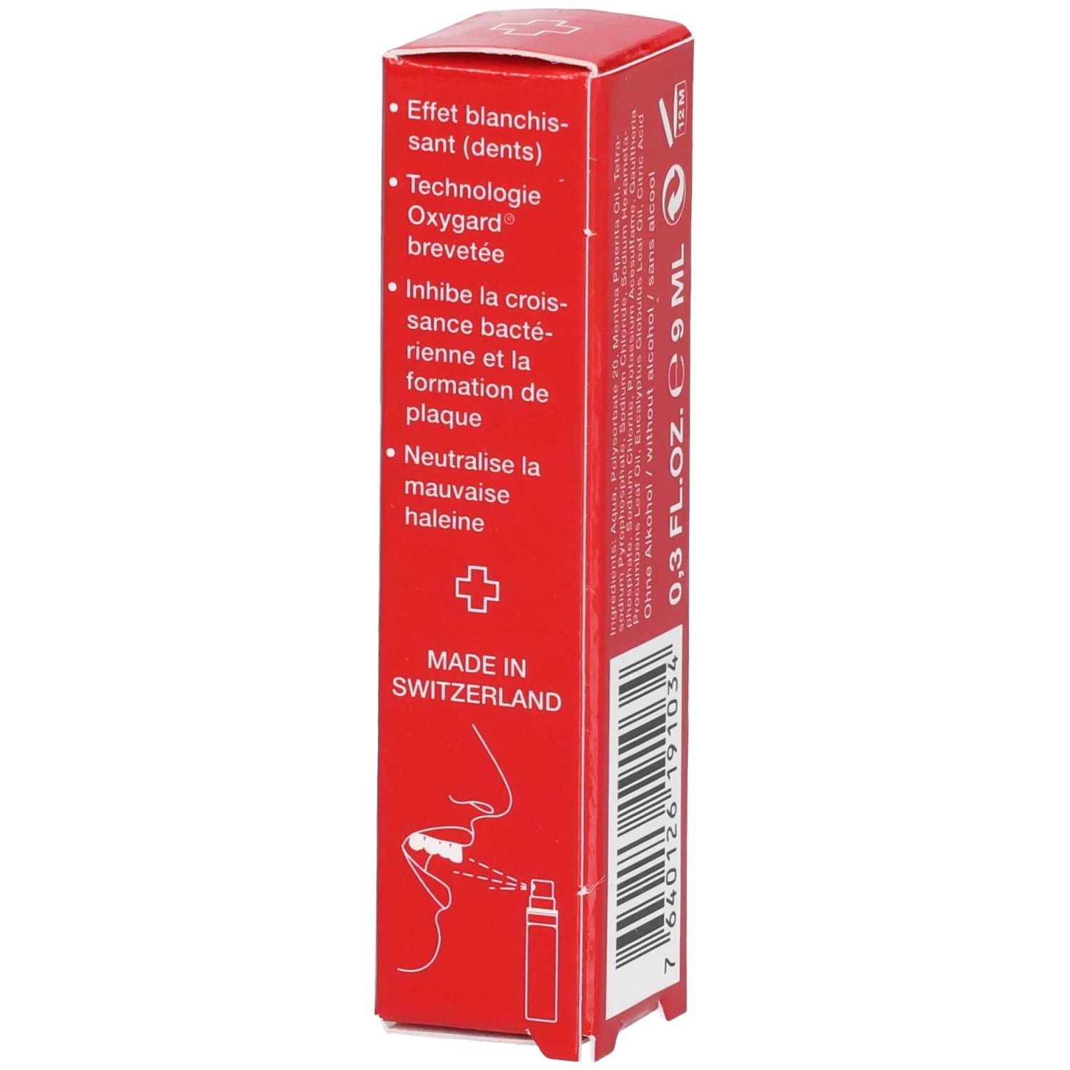 Boîte rouge SWISSDENT Mouth Spray. Texte: Effet blanchissant, Made in Switzerland. Illustration d'un spray buccal.