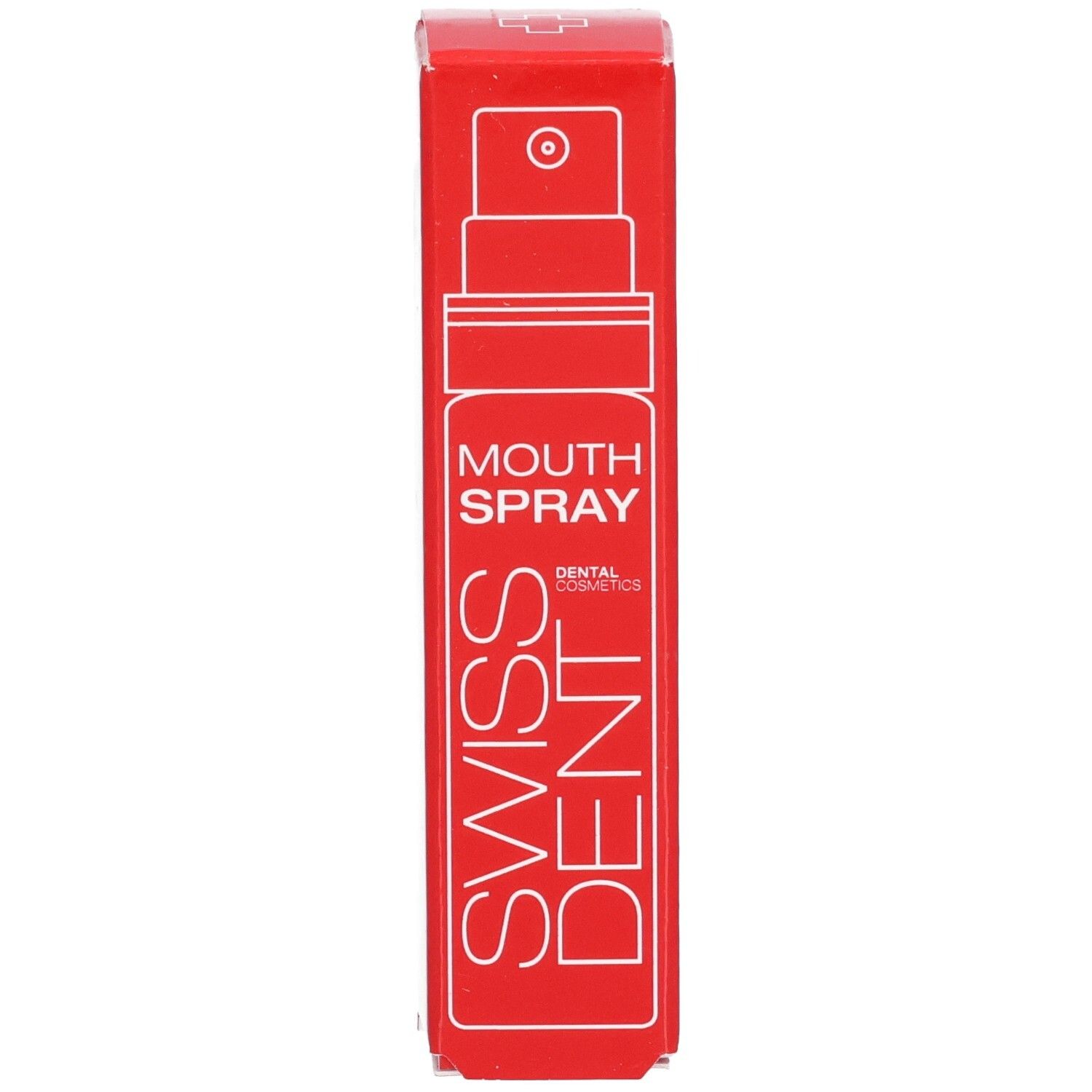 Boîte rouge SWISSDENT Mouth Spray. Inscription: Mouth Spray, Swiss Dent. Illustration d'un spray buccal.