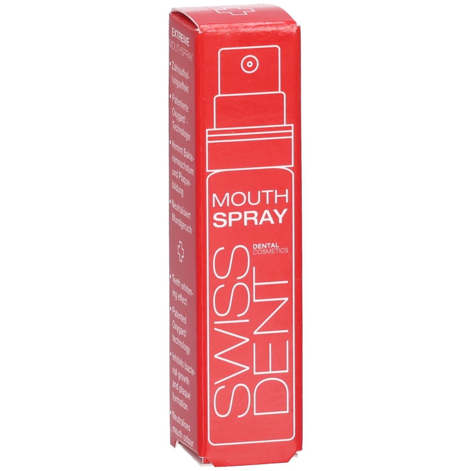 Boîte rouge SWISSDENT EXTREME Mouthspray. Texte: Effet blanchissant, technologie Oxygard. Vue latérale.
