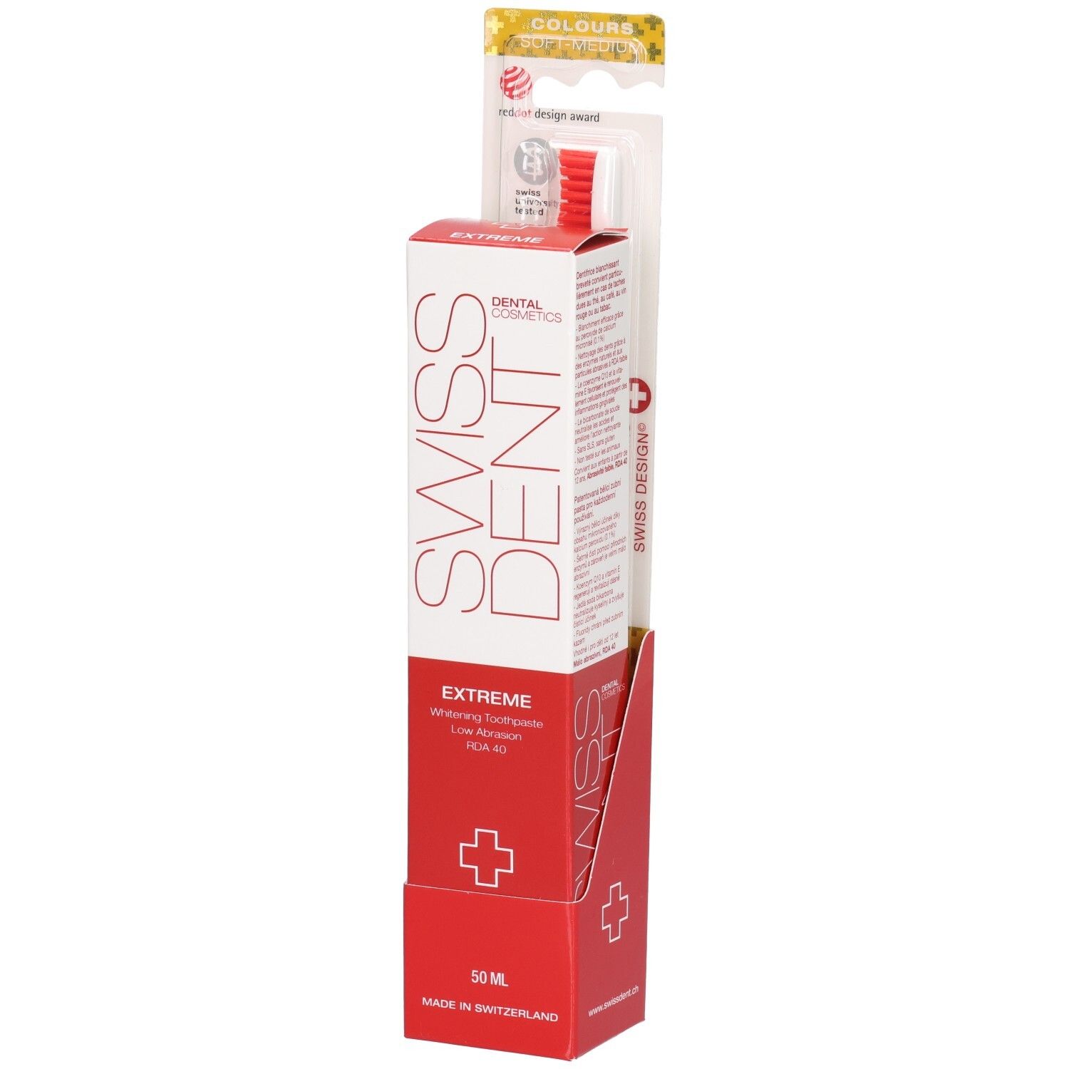 Pack combiné dentifrice et brosse à dents. Emballage rouge et blanc avec logo SWISSDENT. Brosse à dents avec tête rouge.