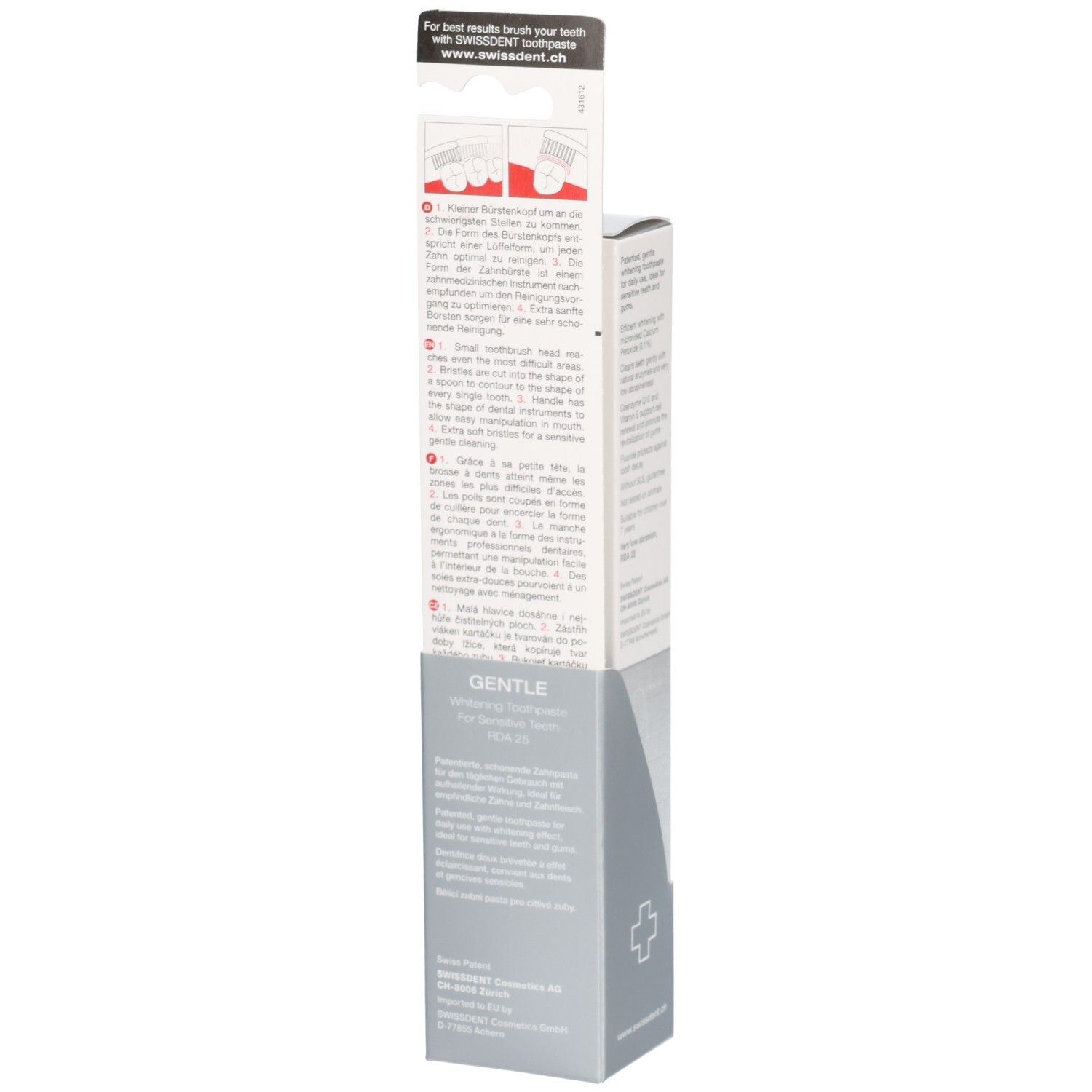 Achterkant van de verpakking. Meertalige tekst. SWISSDENT-logo. Gentle-opschrift. Kruissymbool.