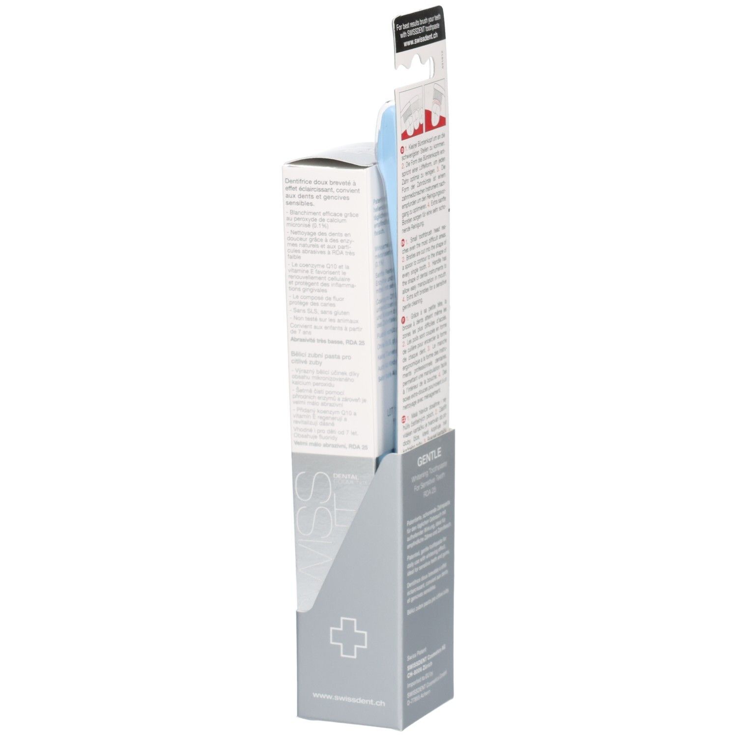 Verpakking van tandpasta en tandenborstel. SWISSDENT-logo. Gentle-opschrift. Meertalige tekst.