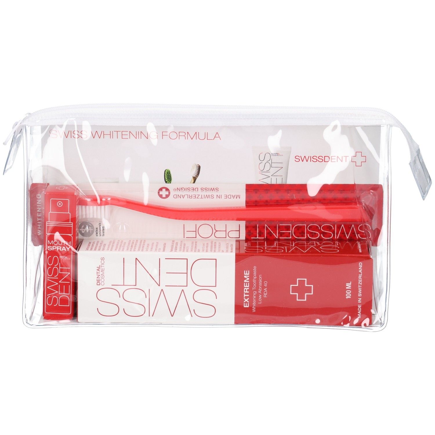 Trousse transparente avec produits de soins dentaires. Brosse à dents rouge, dentifrice et spray buccal. Inscriptions visibles: SWISSDENT.