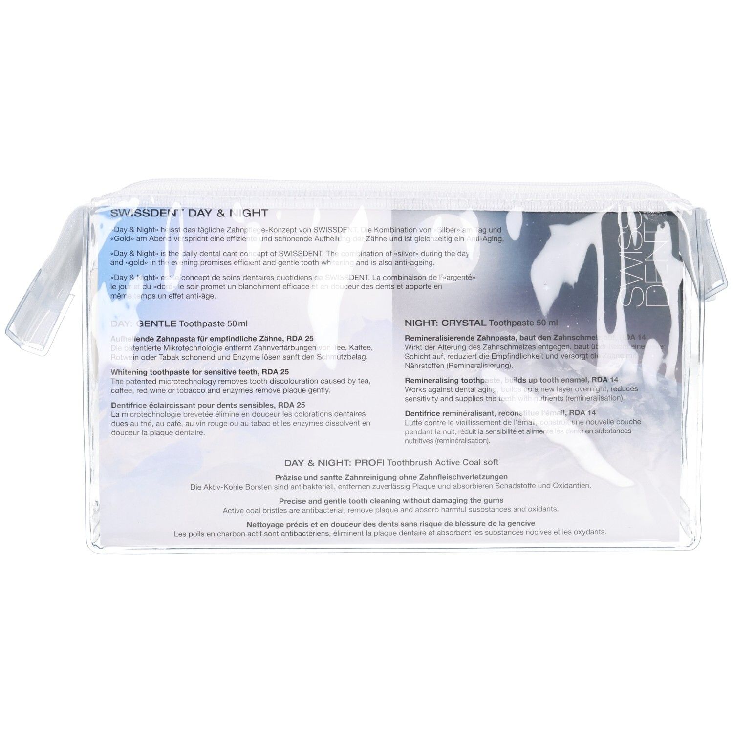 Transparante toilettas met SWISSDENT producten. Tekst op verpakking: Day & Night, Gentle, Crystal, PROFI.